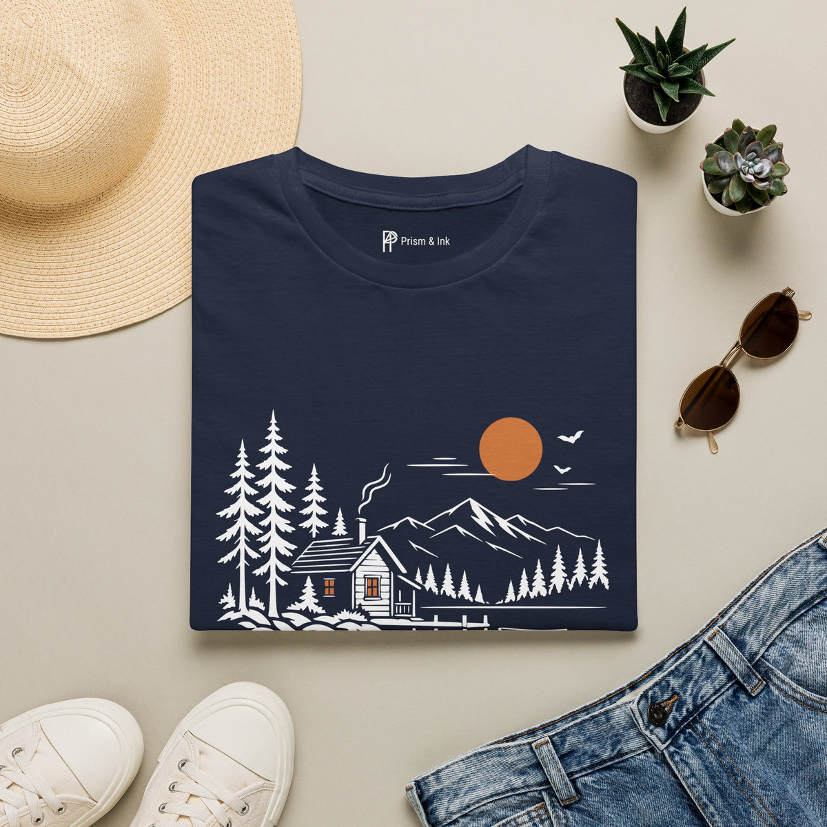 Quiet Cabin Lake Sunset Mountain T-Shirt