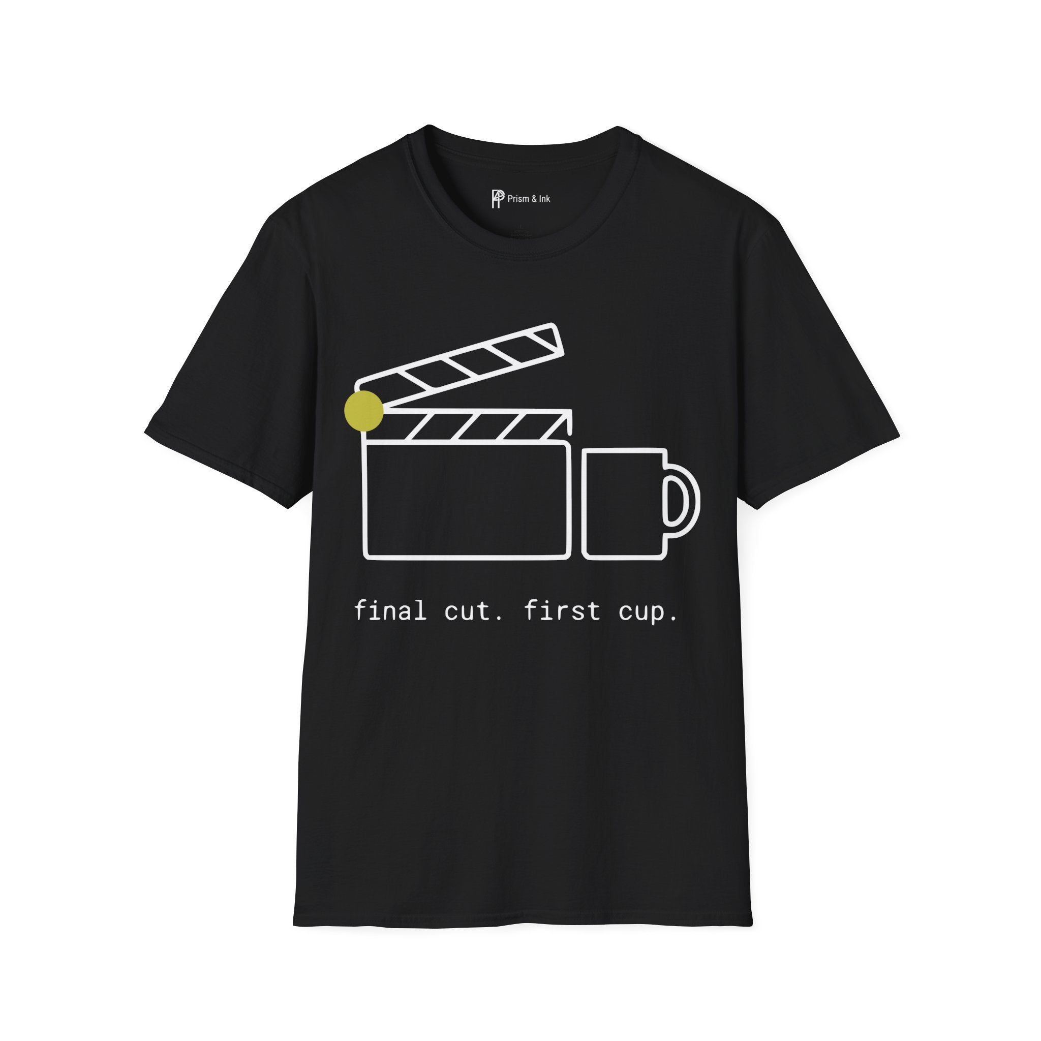 Final Cut First Cup T-Shirt — Minimalist Movie Clapper & Coffee Art