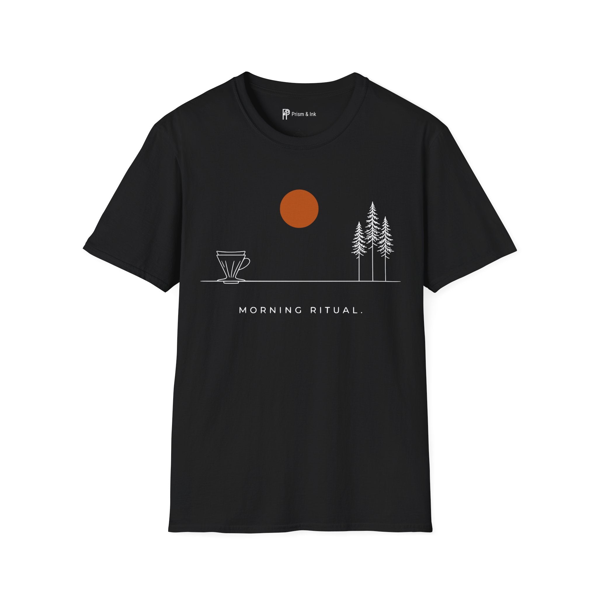 Morning Ritual T-Shirt — Minimalist Pour-Over and Forest Horizon