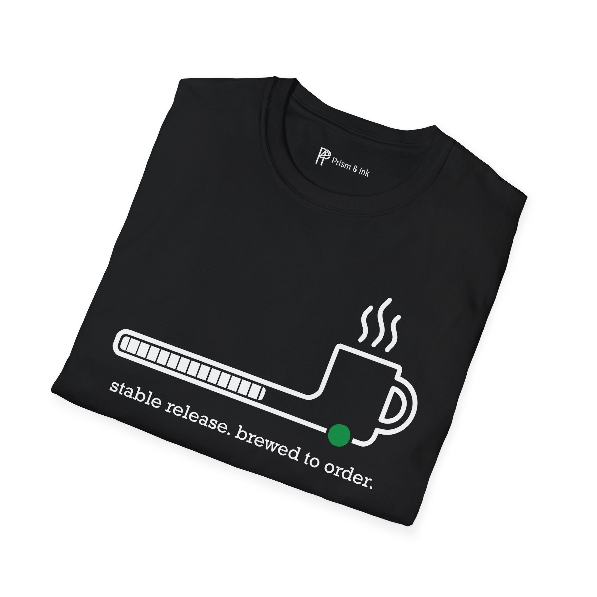 Stable Release Coffee T-Shirt — Minimalist Loading Bar & Brew Graphic