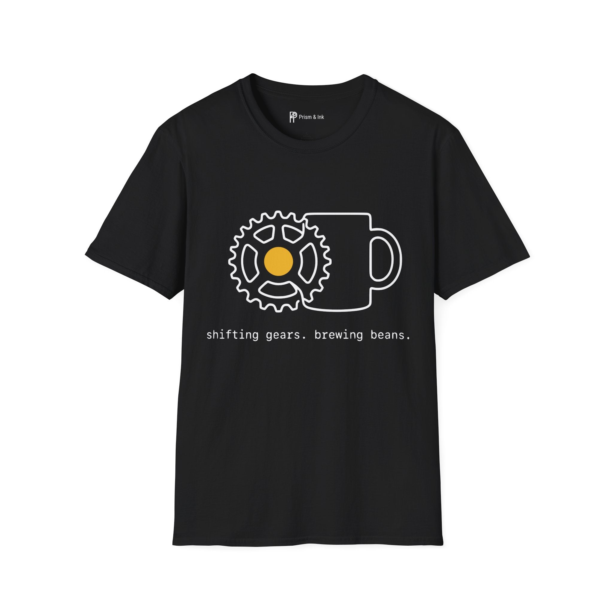 Shifting Gears T-Shirt — Minimalist Cycling Cog & Coffee Line Art