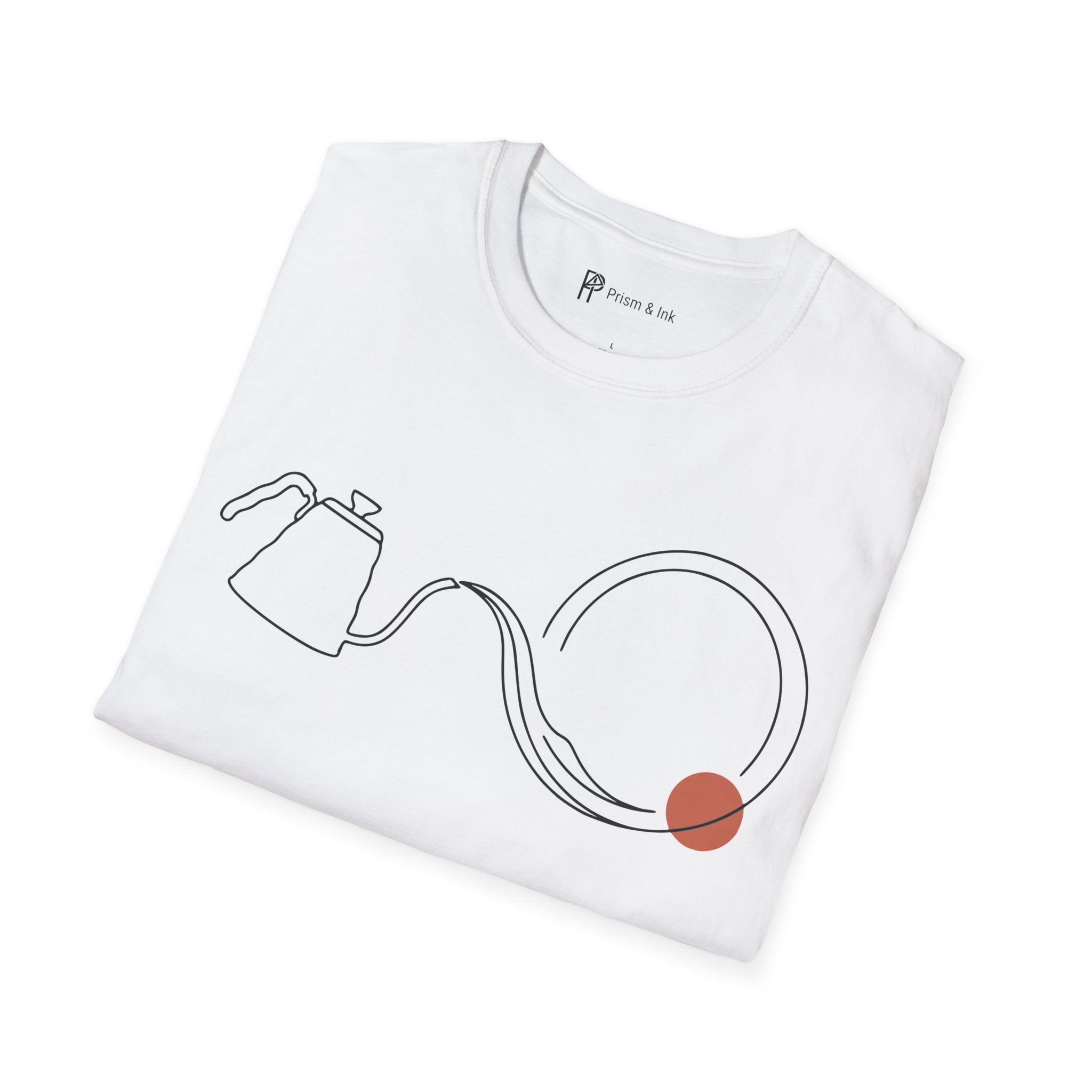 Fluid Brew T-Shirt — Minimalist Gooseneck Kettle and Flowing Circle