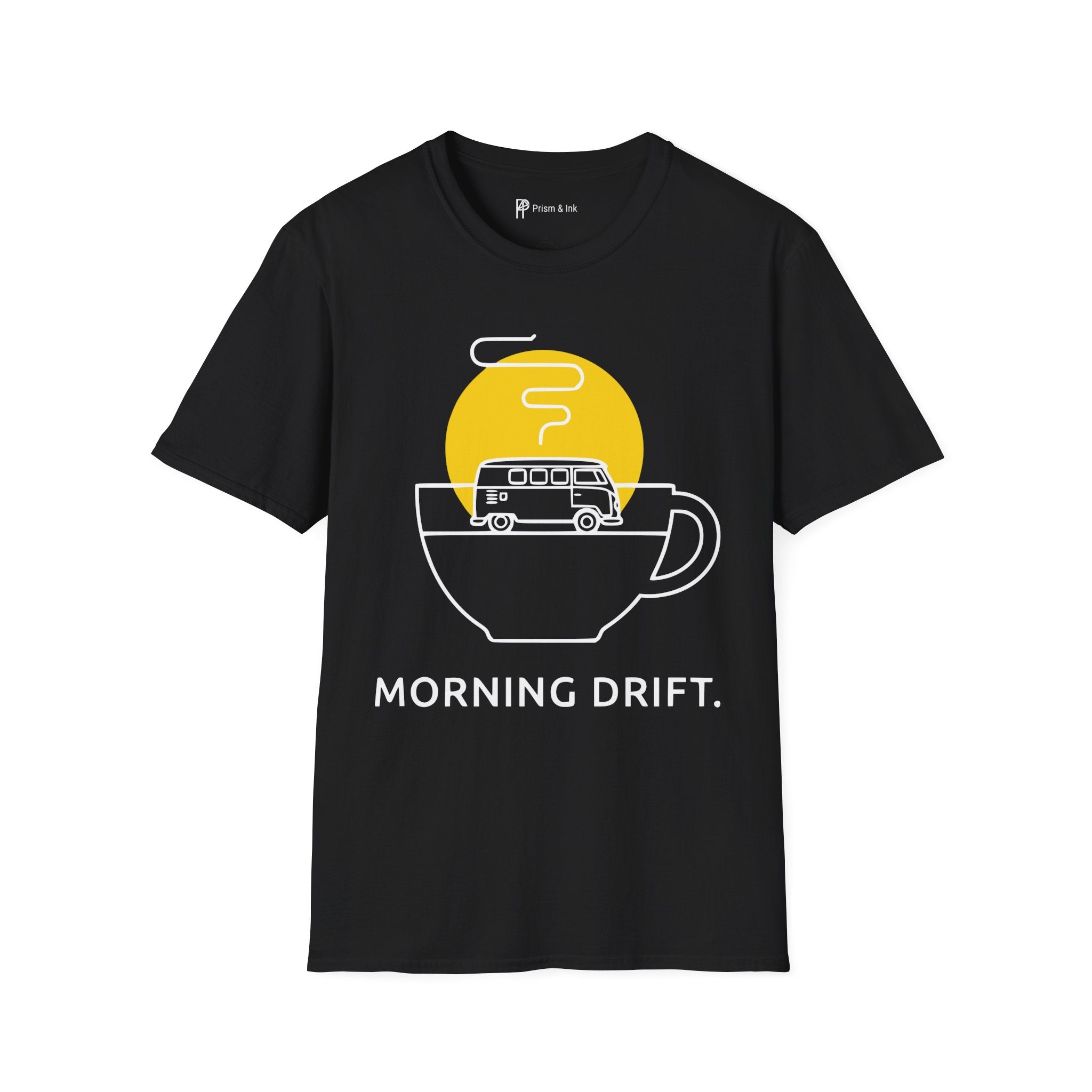 Morning Drift T-Shirt — Retro Camper Van and Coffee Cup