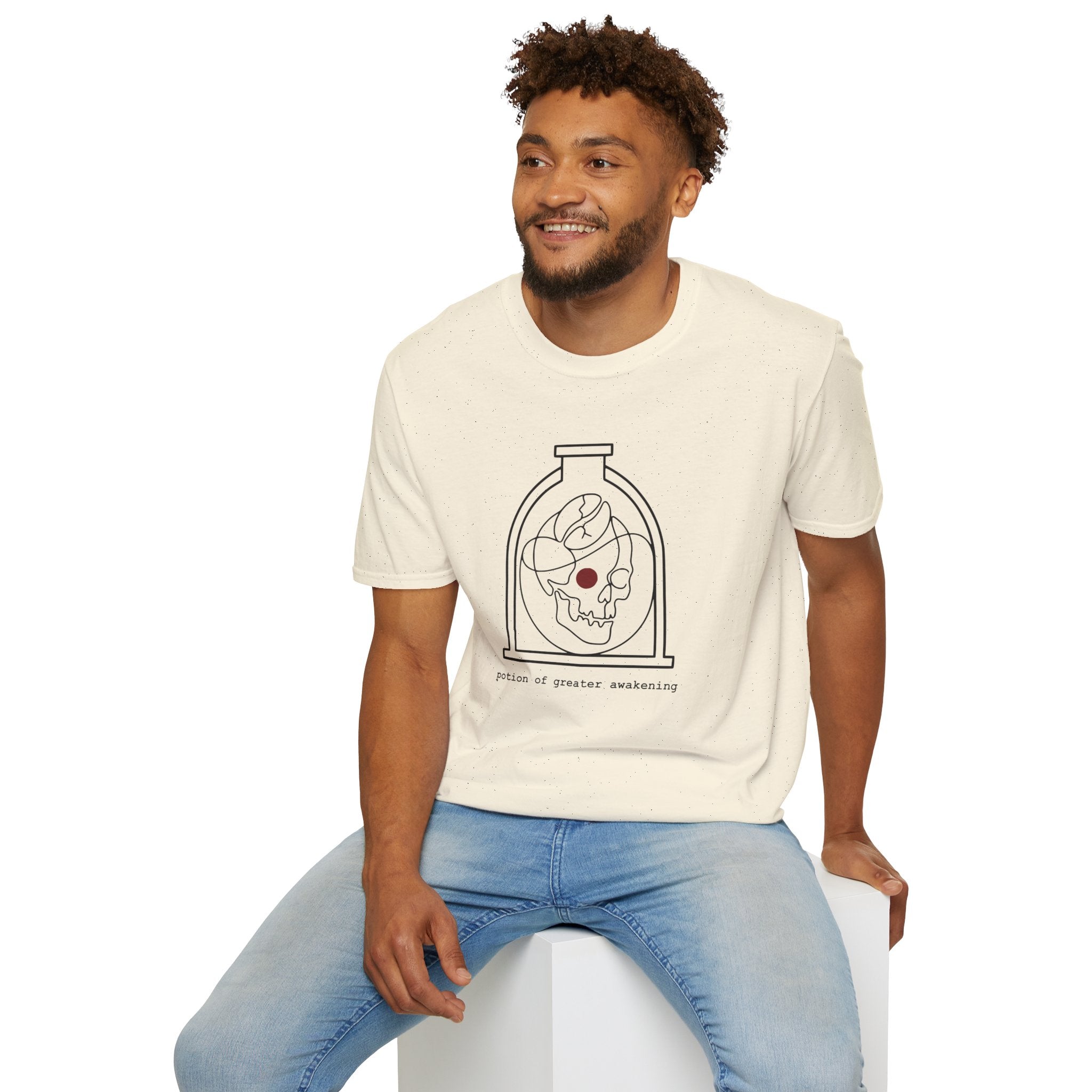 Potion of Greater Awakening T-Shirt — Minimalist Alchemy Flask & Coffee Bean Art