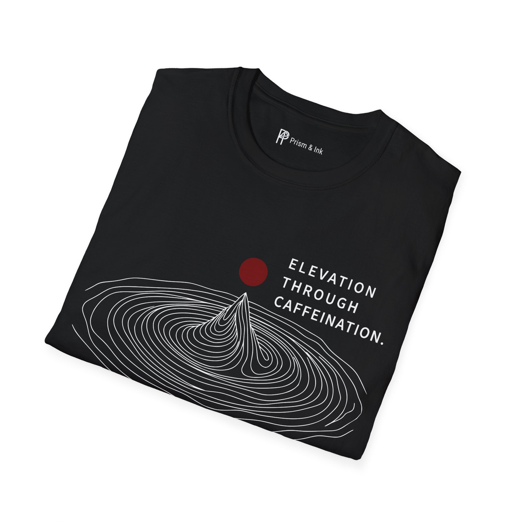 Elevation Through Caffeination T-Shirt — Topographic Peak and Caffeination Graph