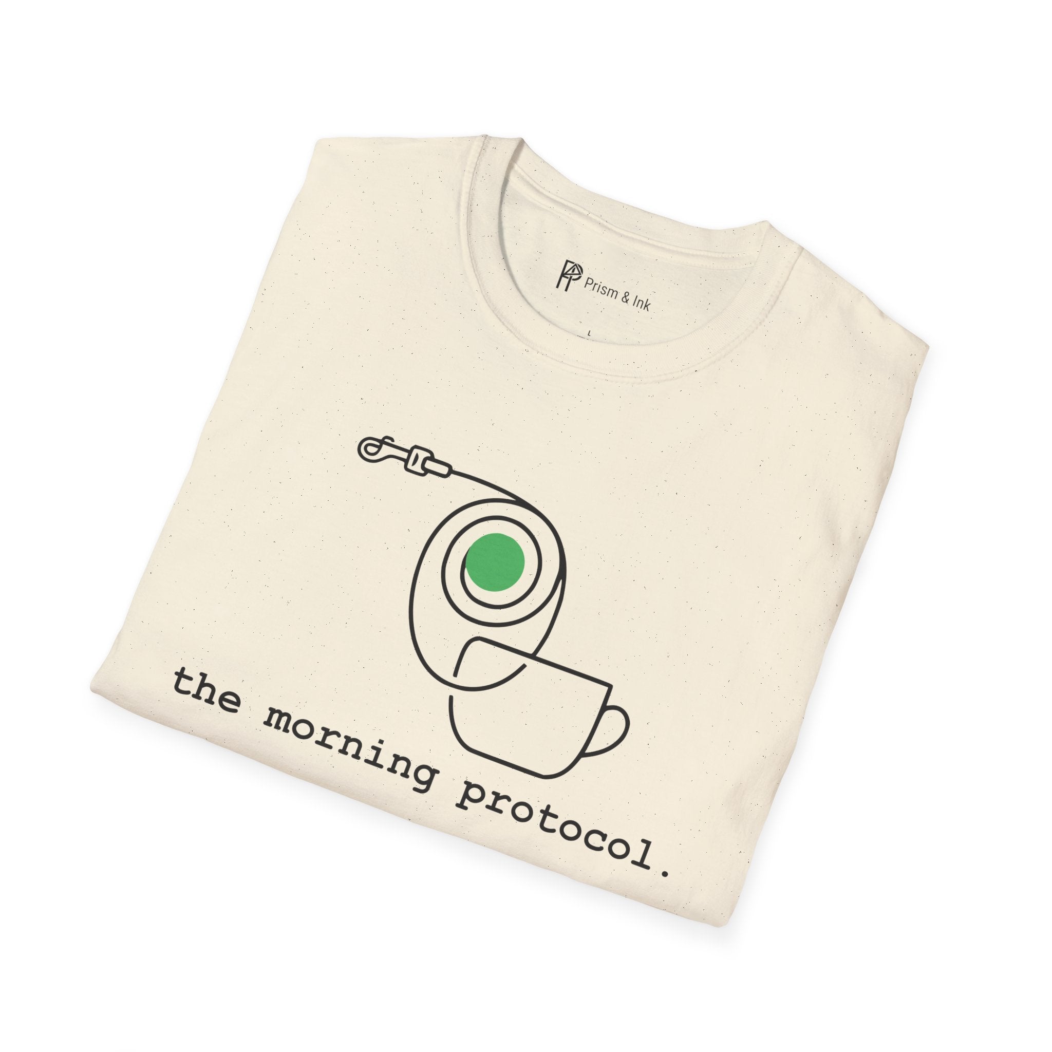 Morning Protocol T-Shirt — Minimalist Dog Leash & Coffee Cup Graphic