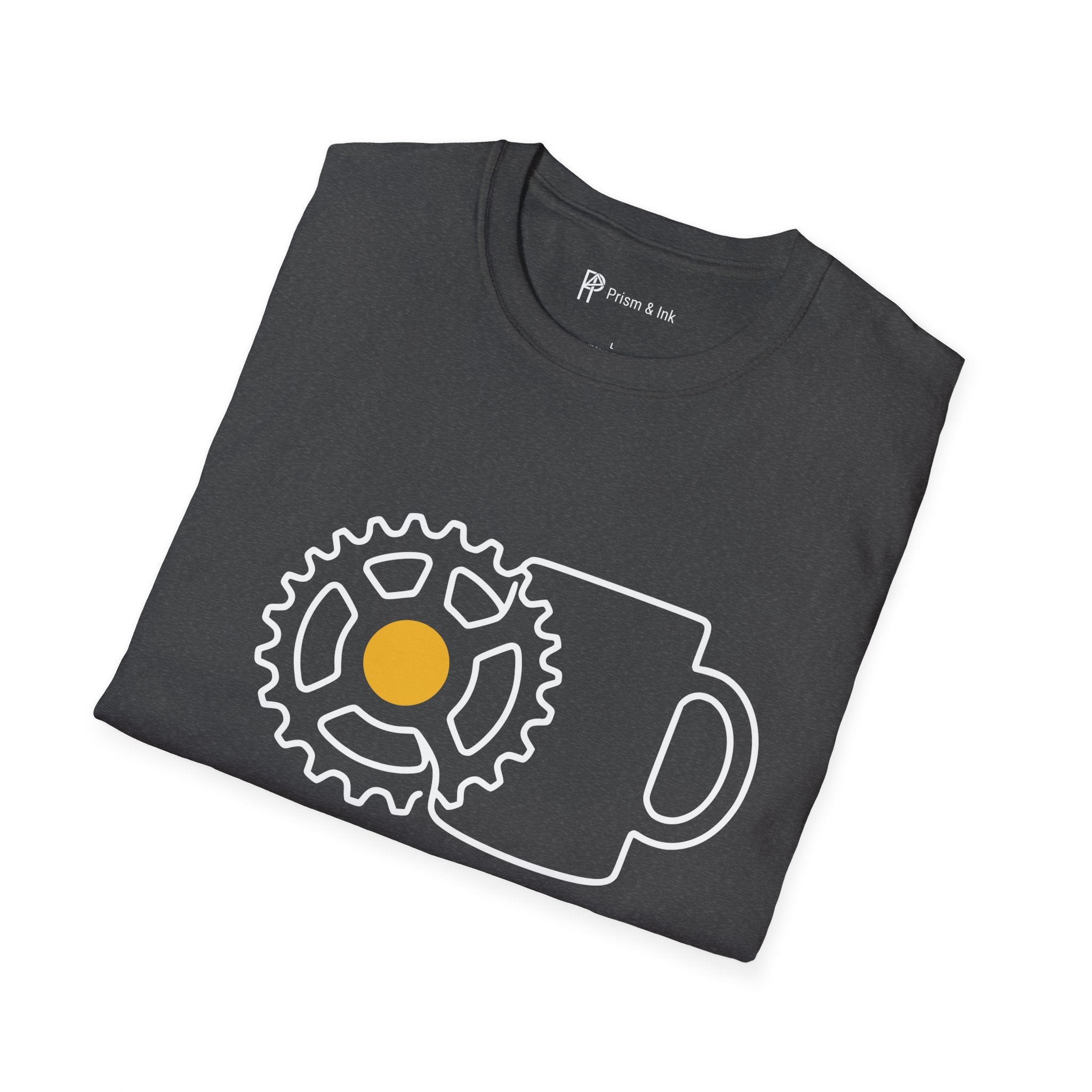 Shifting Gears T-Shirt — Minimalist Cycling Cog & Coffee Line Art