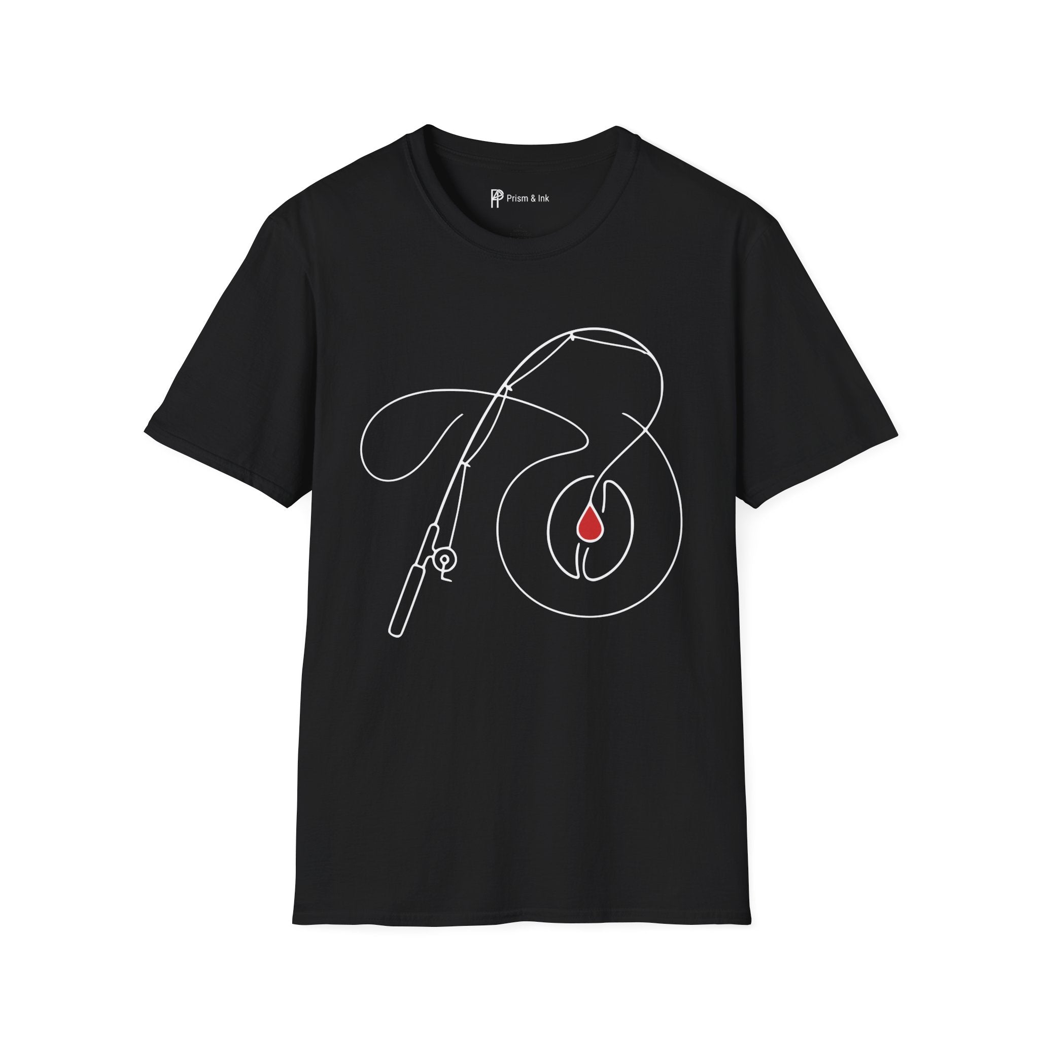 Casting for Caffeine T-Shirt — Minimalist Fly Fishing & Coffee Bean Art