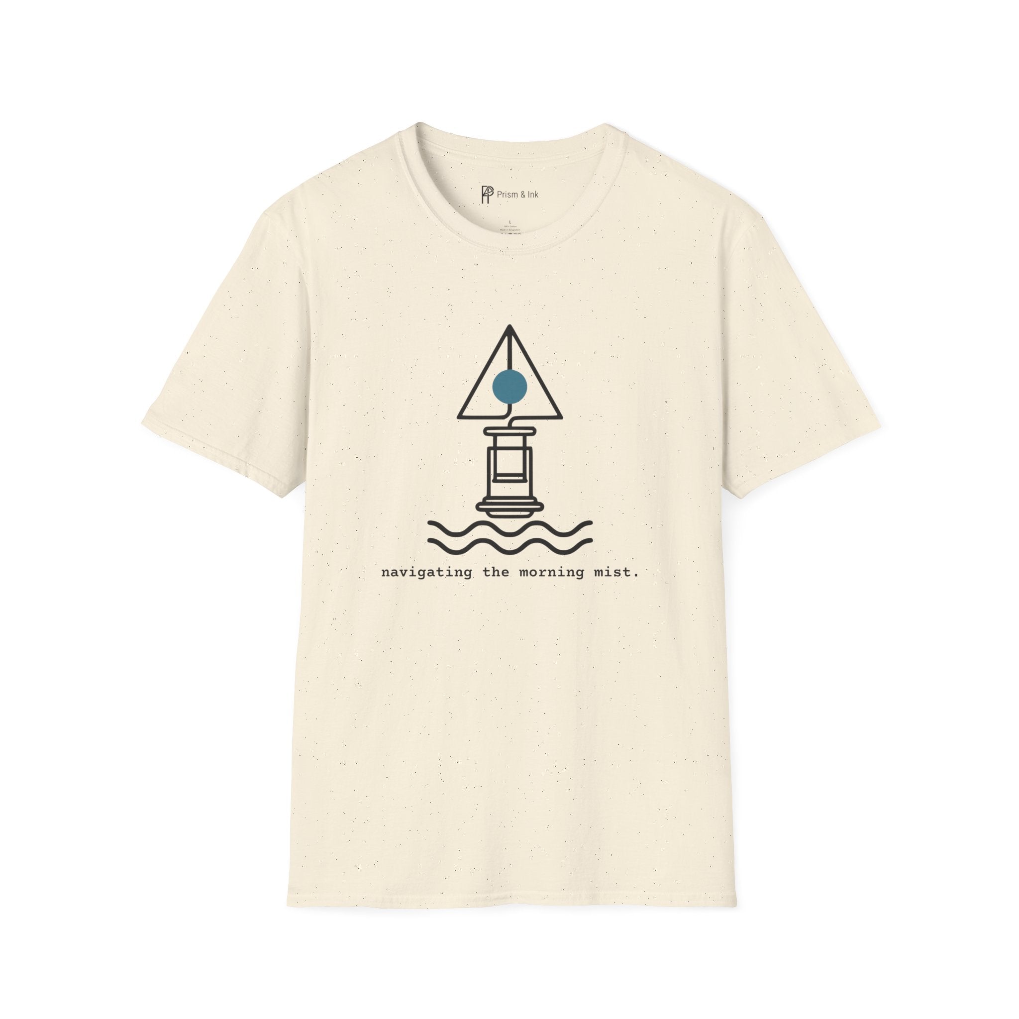 Navigating The Morning Mist T-Shirt — Minimalist Coffee Press & Maritime Buoy Art