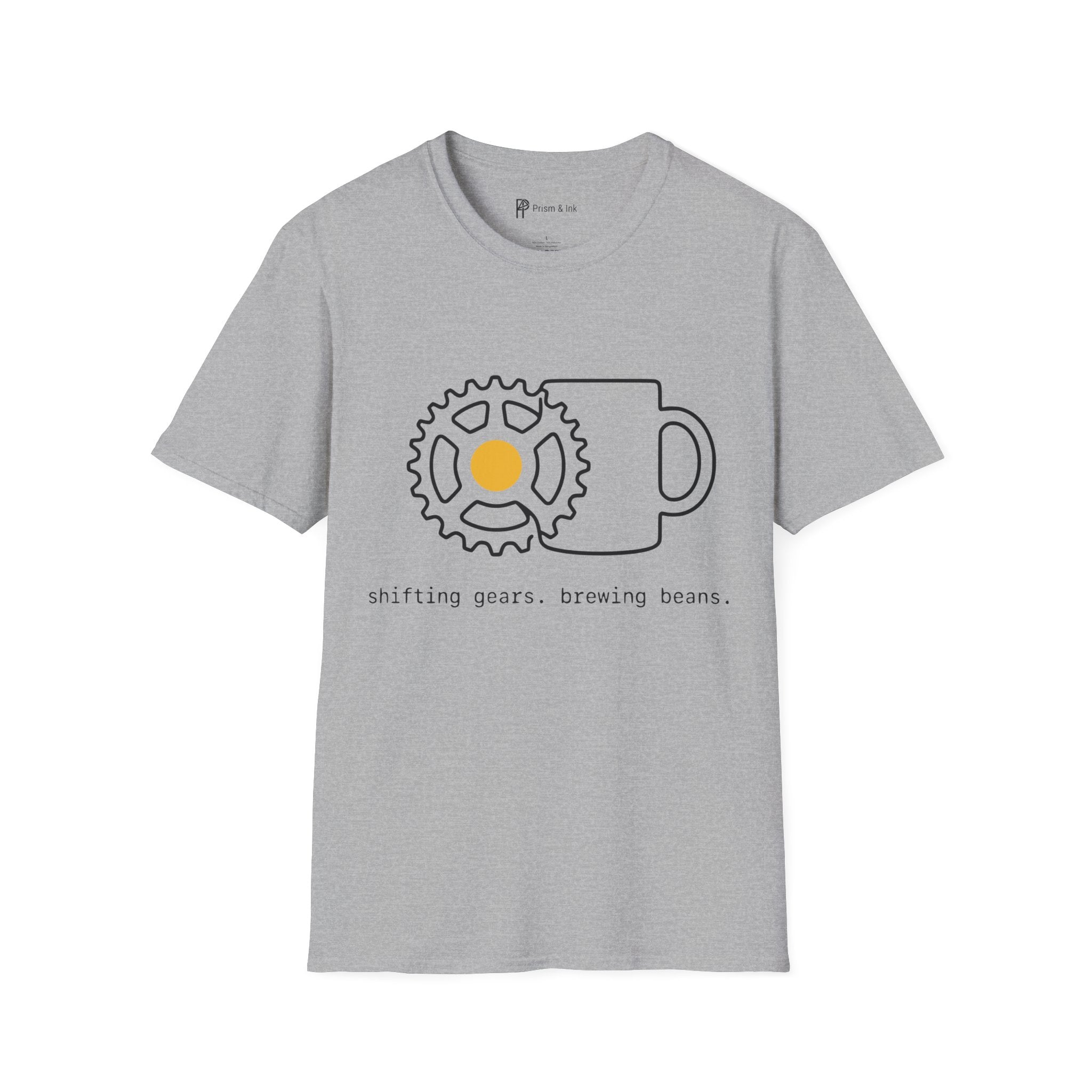 Shifting Gears T-Shirt — Minimalist Cycling Cog & Coffee Line Art