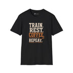 Train Rest Coffee Repeat Minimalist Gym Coffee T-Shirt