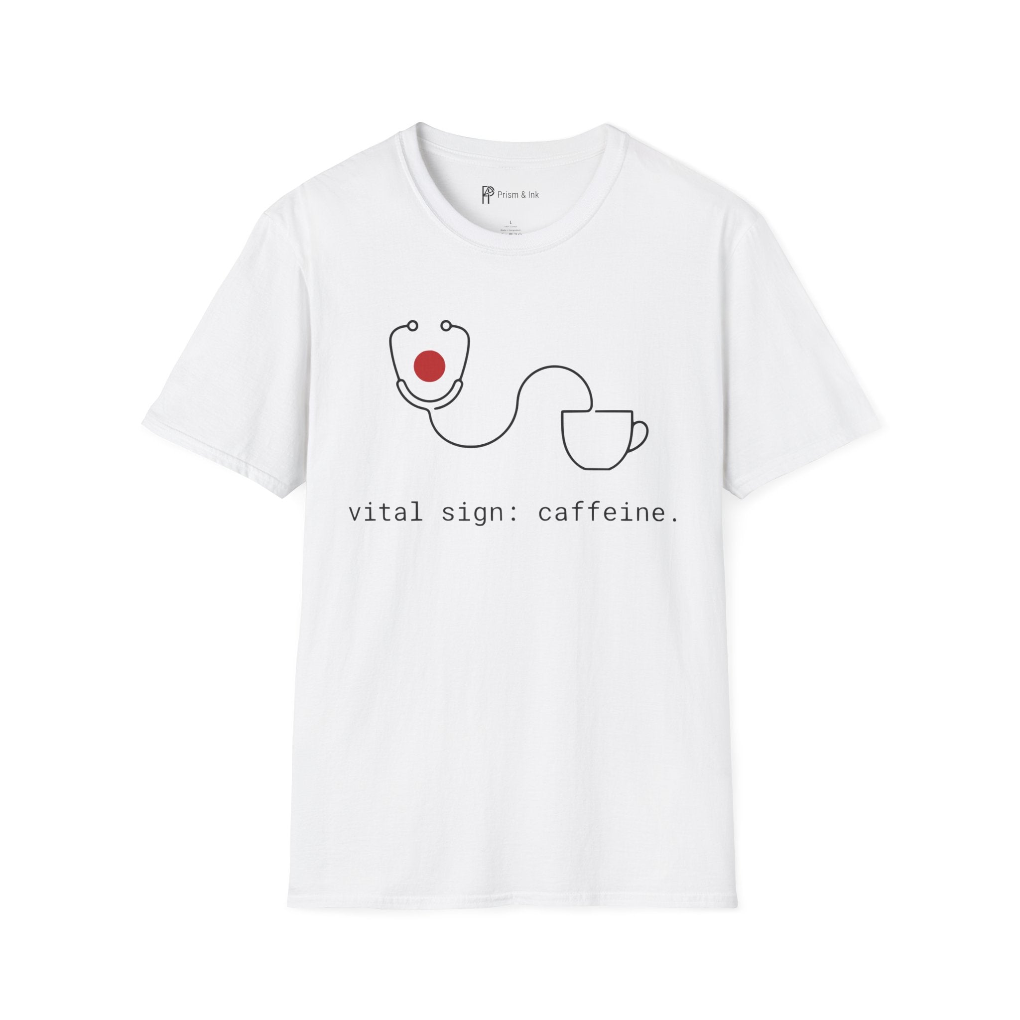 Vital Sign: Caffeine T-Shirt — Minimalist Stethoscope & Coffee Art