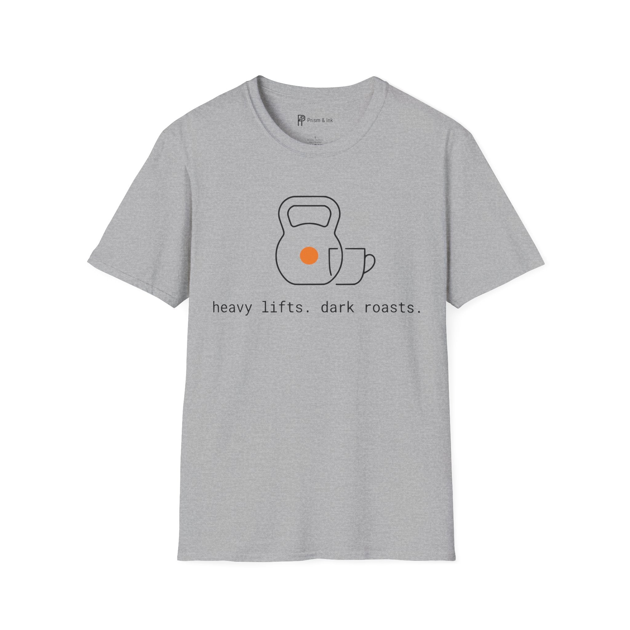 Heavy Lifts & Dark Roasts T-Shirt — Minimalist Kettlebell & Coffee Line Art