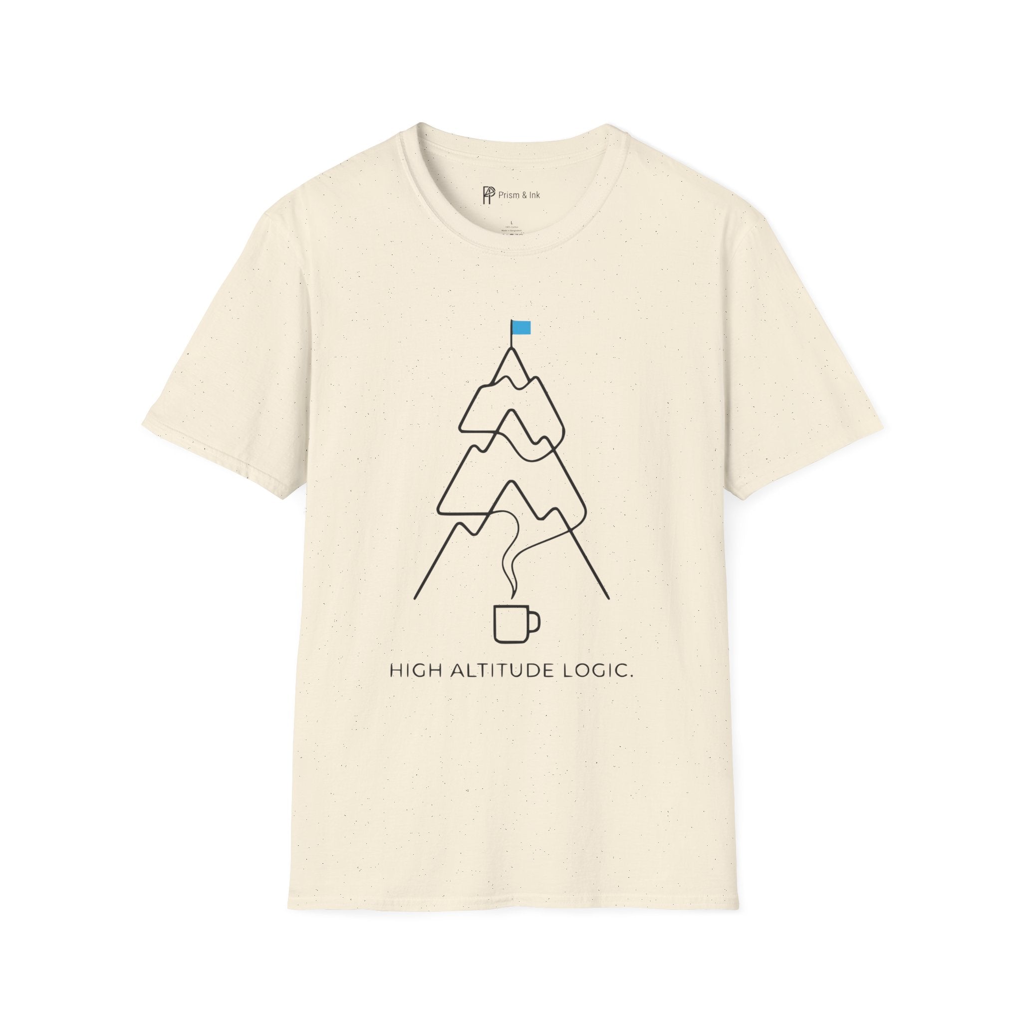 High Altitude Logic T-Shirt — Minimalist Coffee Steam & Mountain Peak Graphic