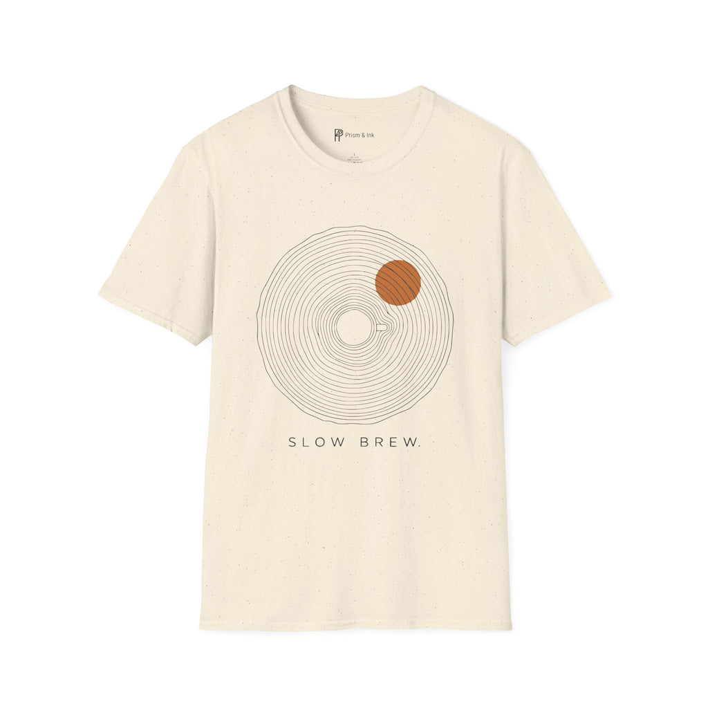 Slow Brew T-Shirt — Tree Ring Growth and Coffee Cup Silhouette