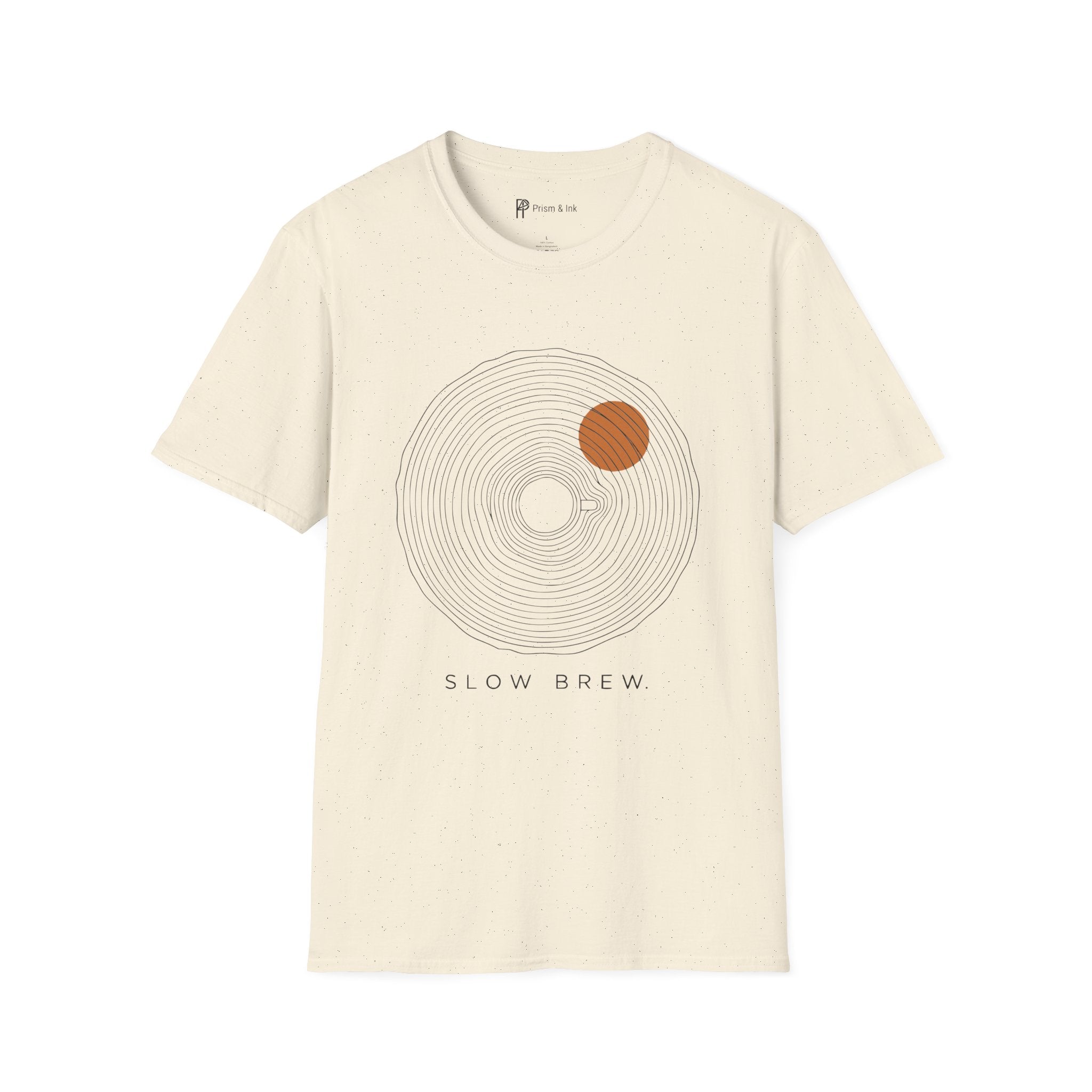 Slow Brew T-Shirt — Tree Ring Growth and Coffee Cup Silhouette