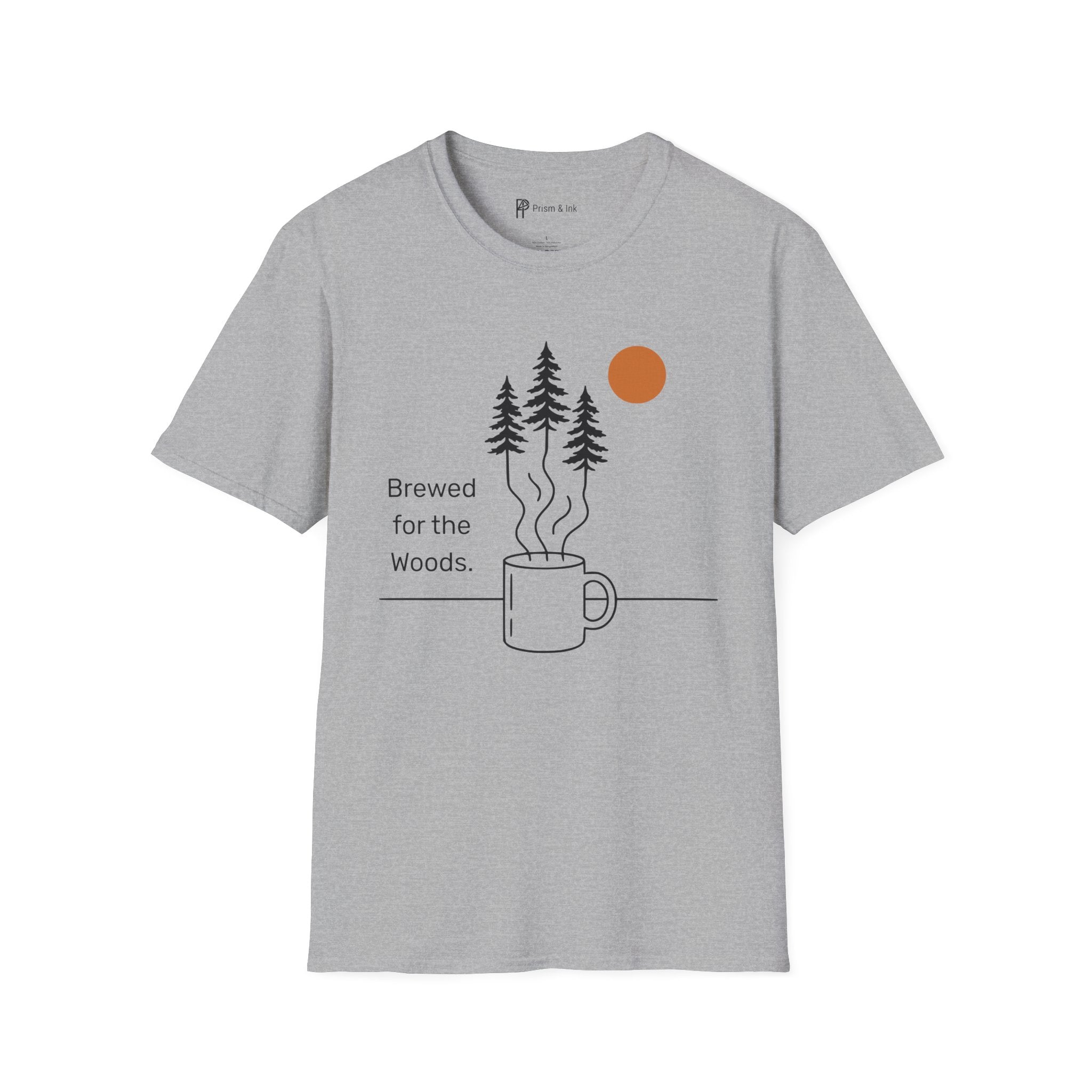 Brewed for the Woods T-Shirt — Coffee Steam Pine Tree Graph