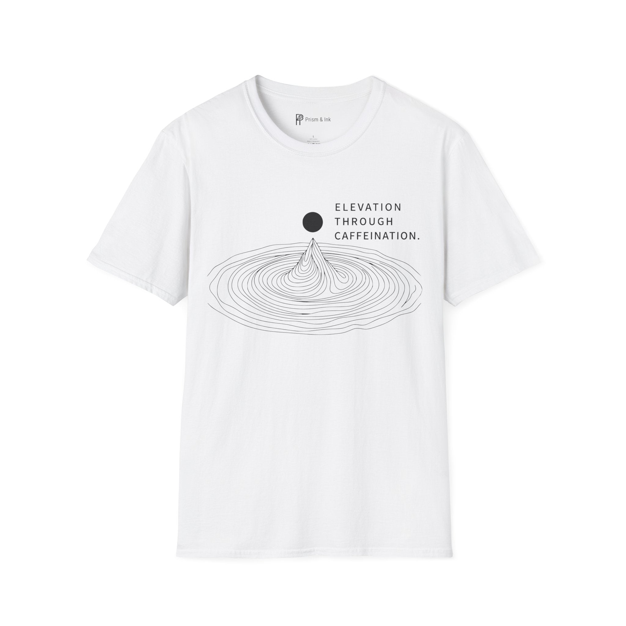 Elevation Through Caffeination T-Shirt — Topographic Peak and Caffeination Graph