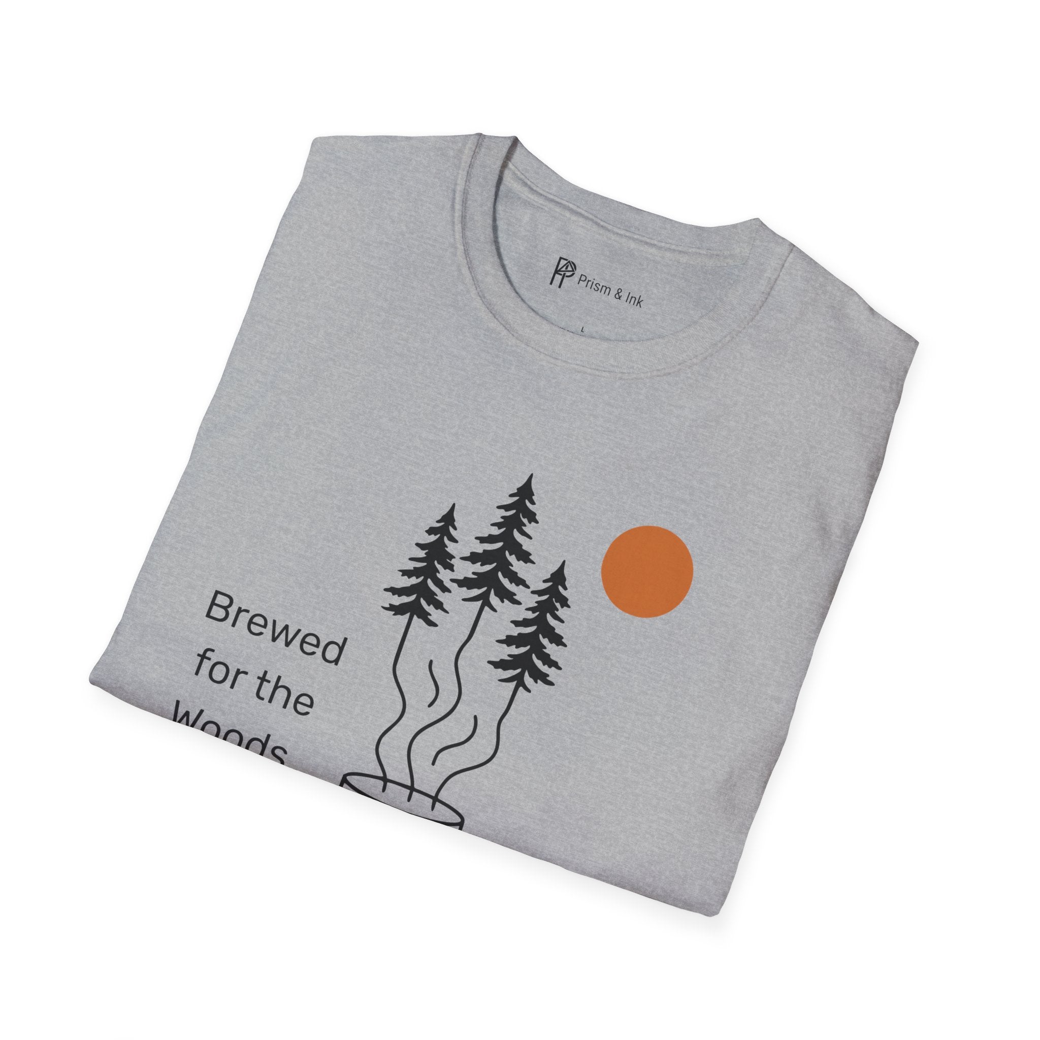 Brewed for the Woods T-Shirt — Coffee Steam Pine Tree Graph