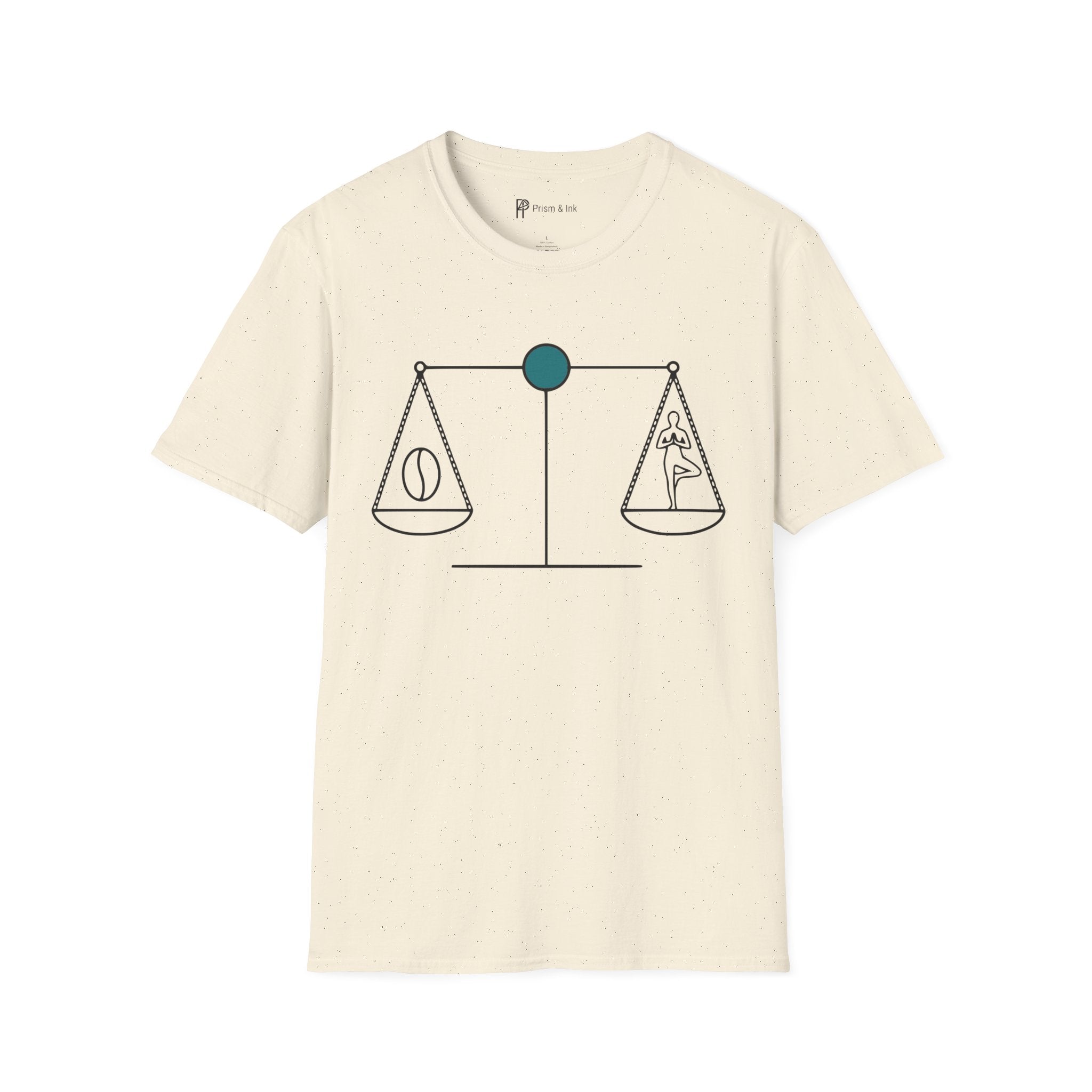 Caffeine Harmony T-Shirt — Zen Scales with Coffee Bean and Yoga Pose