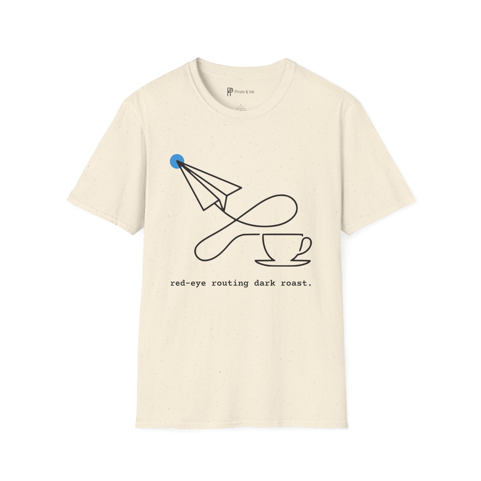 Red-Eye Routing Dark Roast T-Shirt — Minimalist Paper Plane & Coffee Flight Art