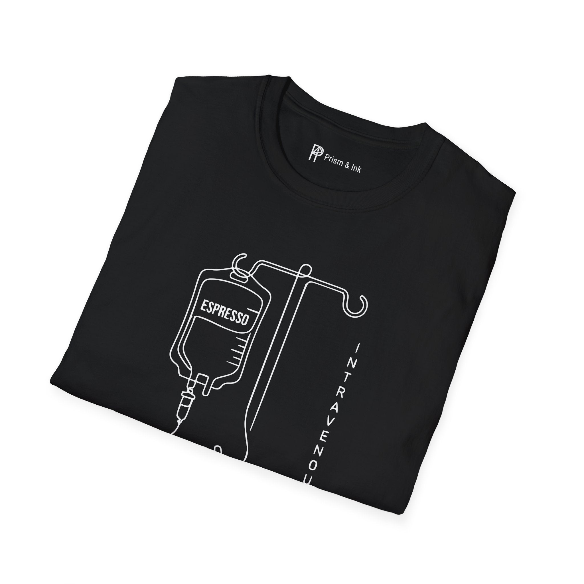Intravenous Intake T-Shirt — Espresso IV and Heart Line Art