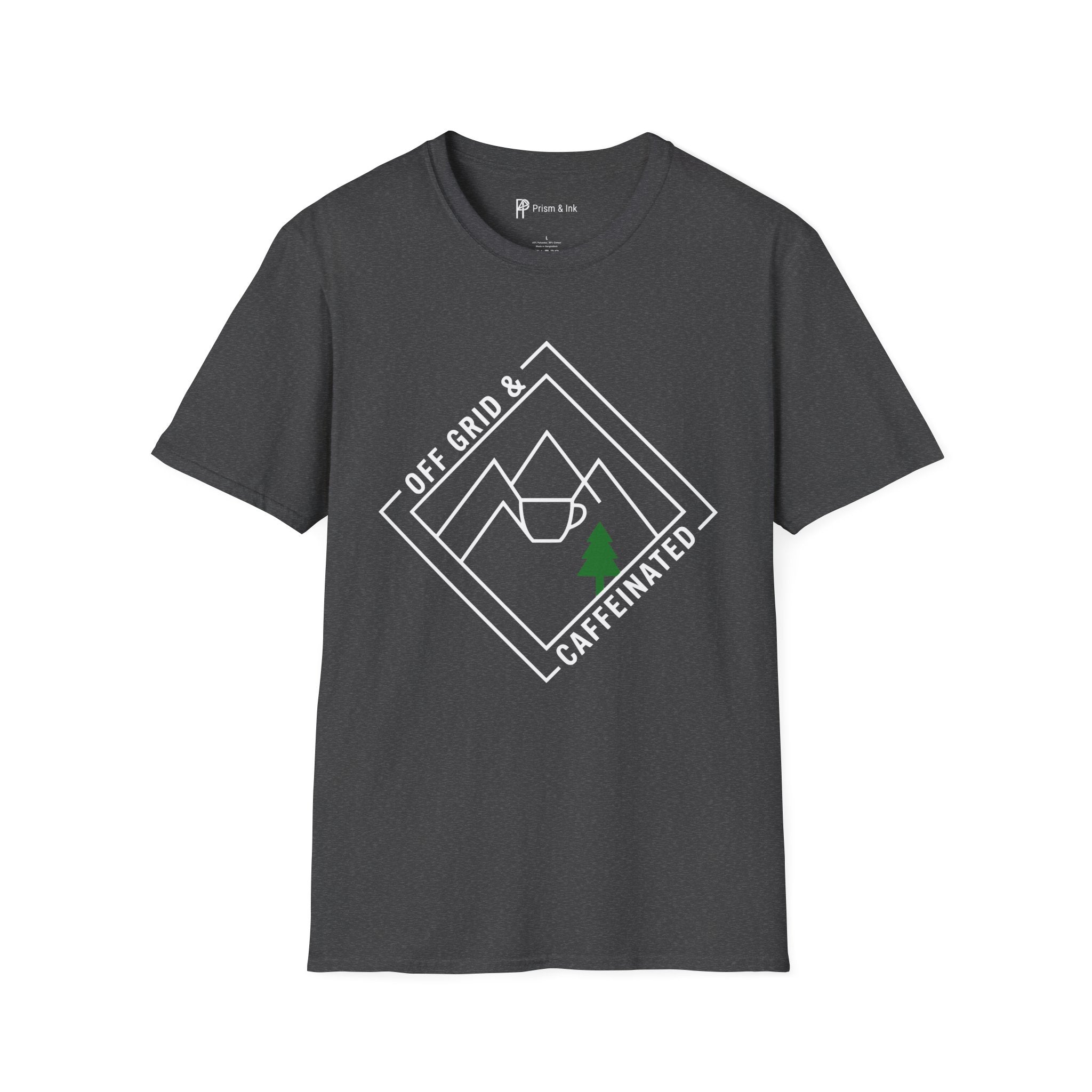 Off Grid & Caffeinated T-Shirt — Minimalist Mountain Badge & Camping Coffee Graphic