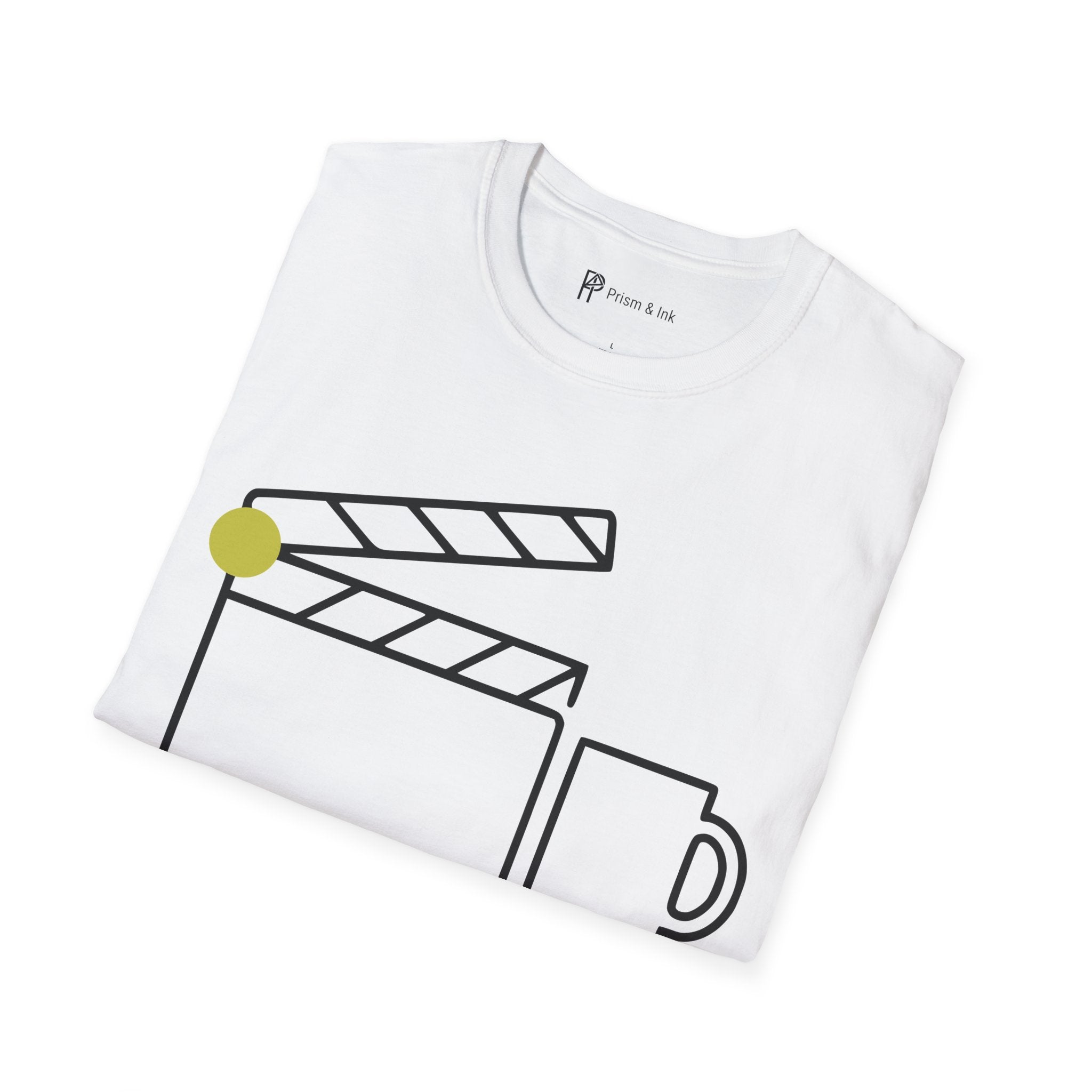 Final Cut First Cup T-Shirt — Minimalist Movie Clapper & Coffee Art