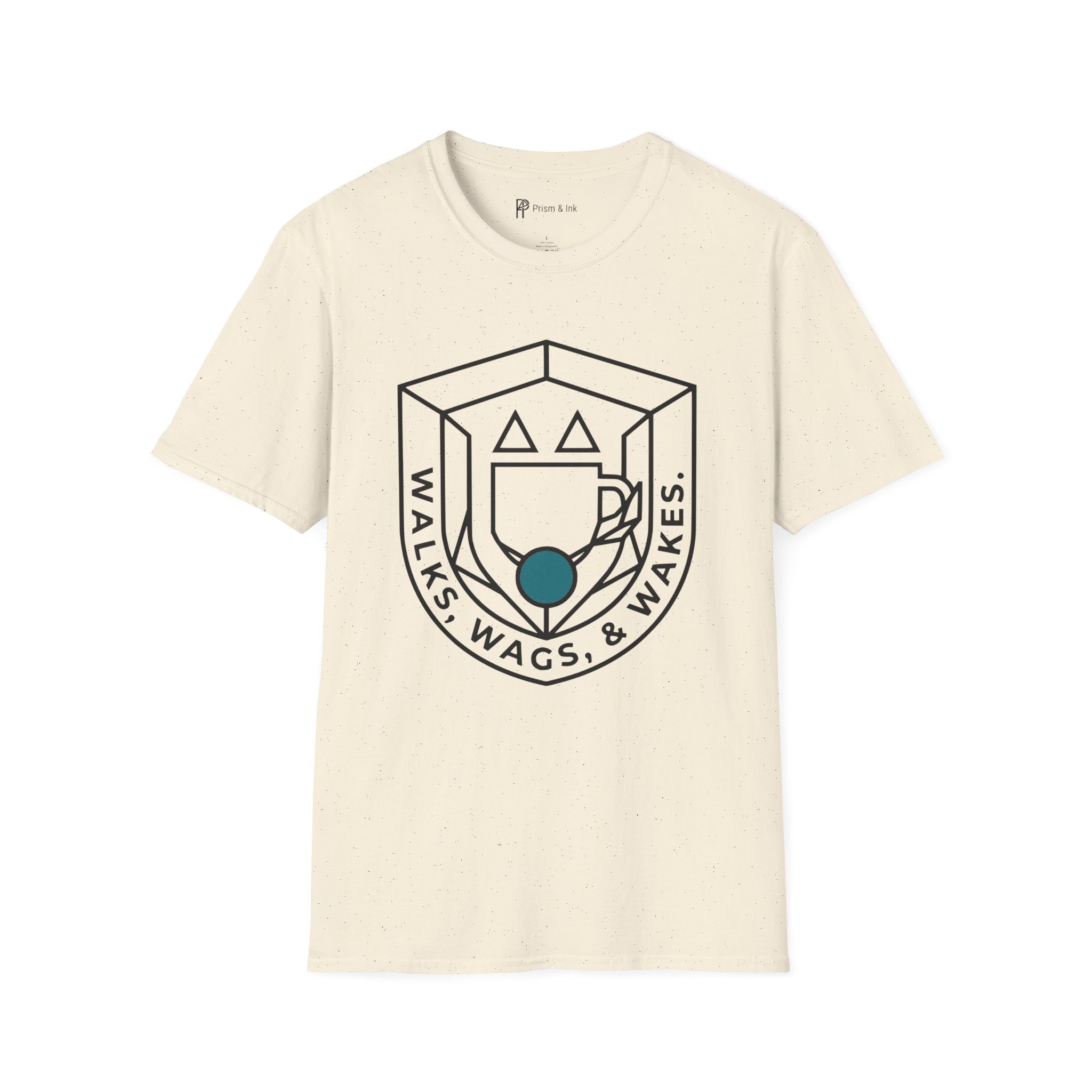 Walks, Wags & Wakes T-Shirt — Geometric Dog and Coffee Crest Graph