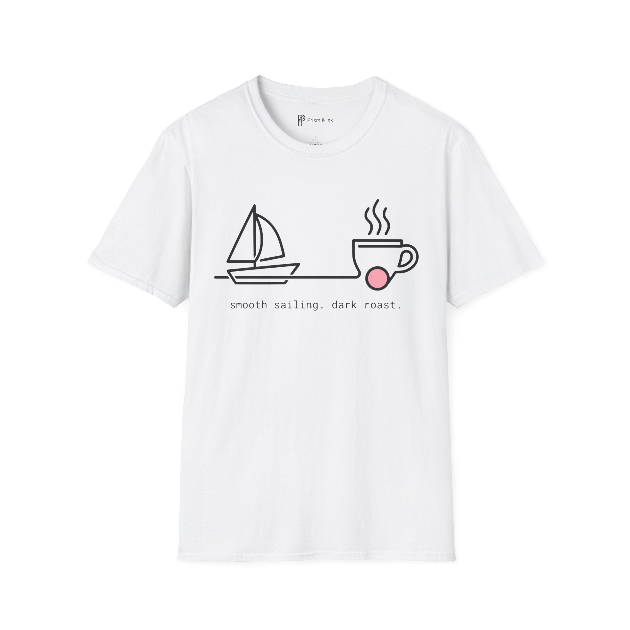 Smooth Sailing Dark Roast T-Shirt — Minimalist Sailboat & Coffee Cup