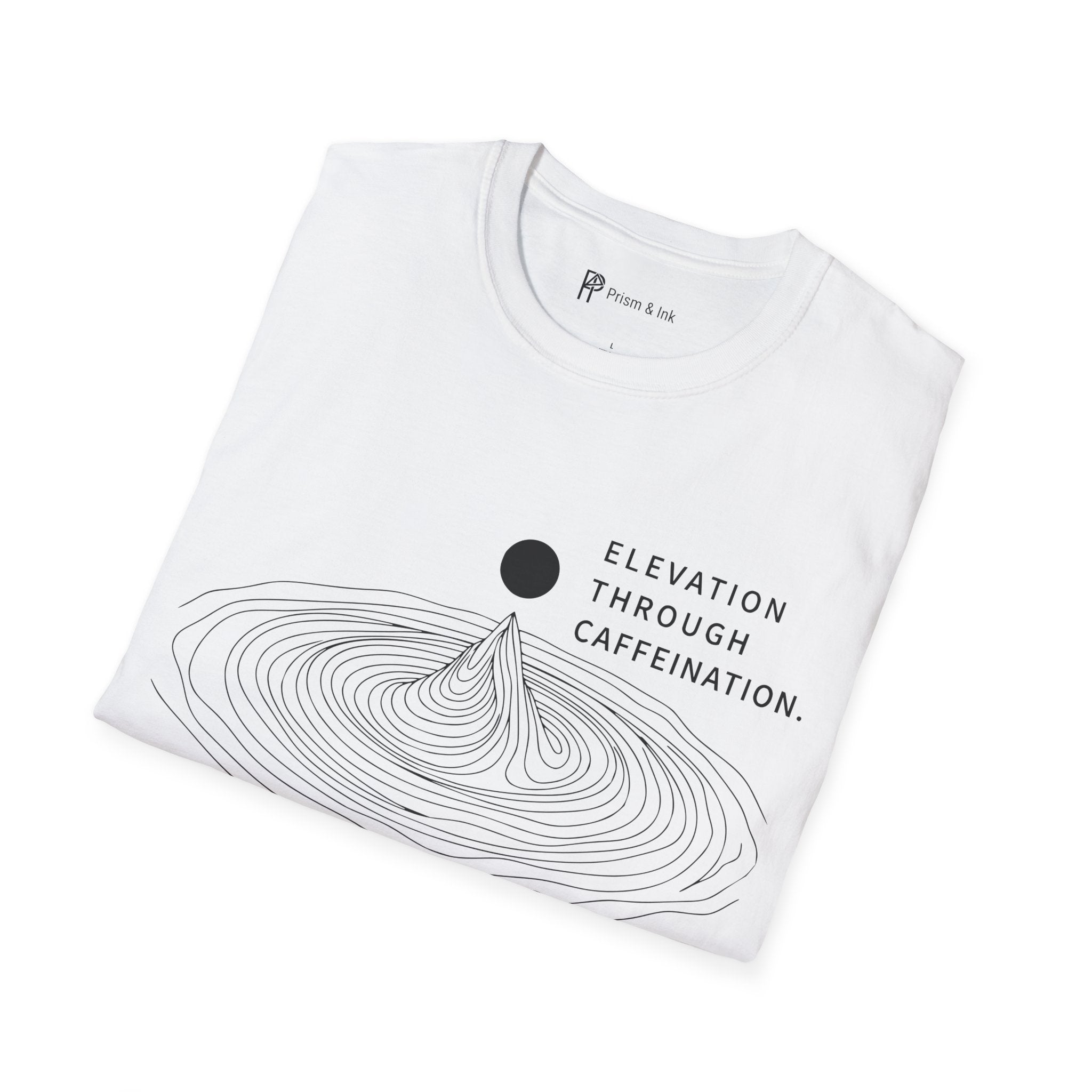 Elevation Through Caffeination T-Shirt — Topographic Peak and Caffeination Graph