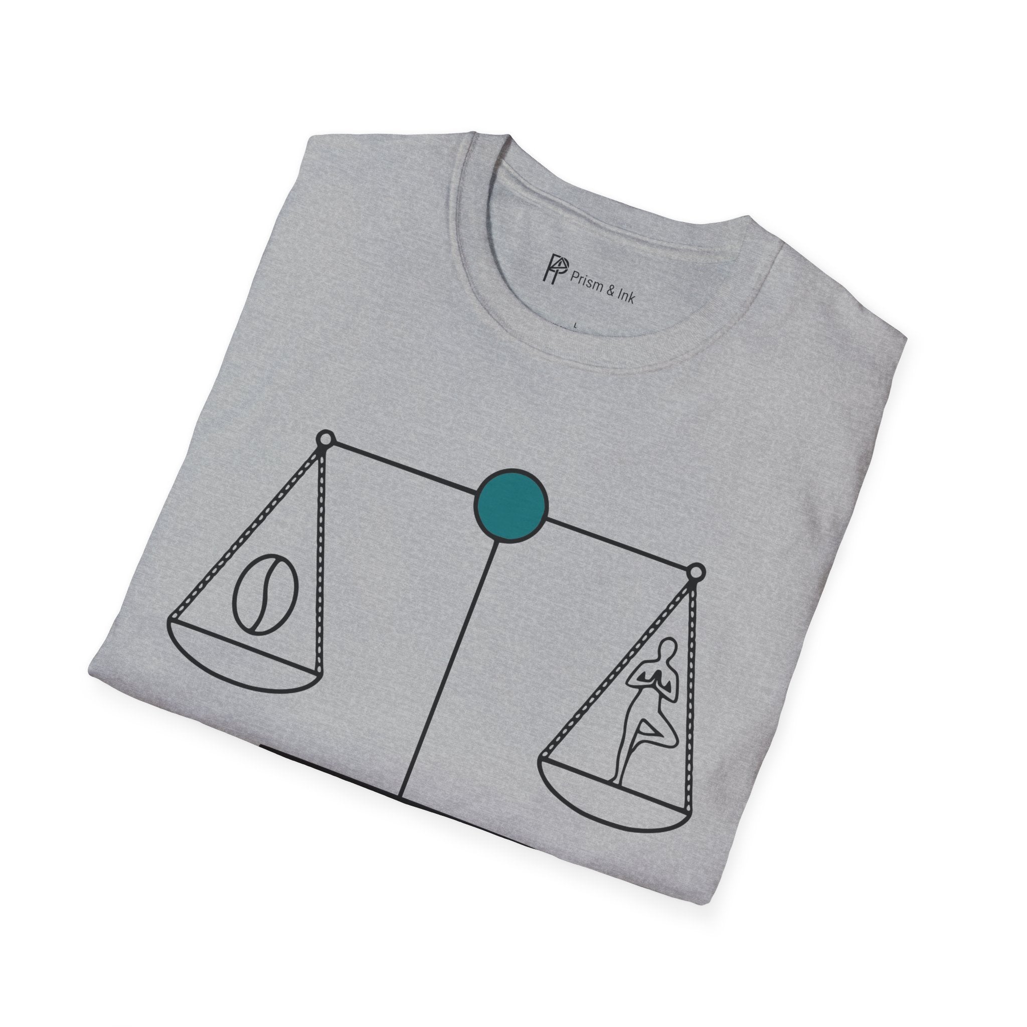 Caffeine Harmony T-Shirt — Zen Scales with Coffee Bean and Yoga Pose