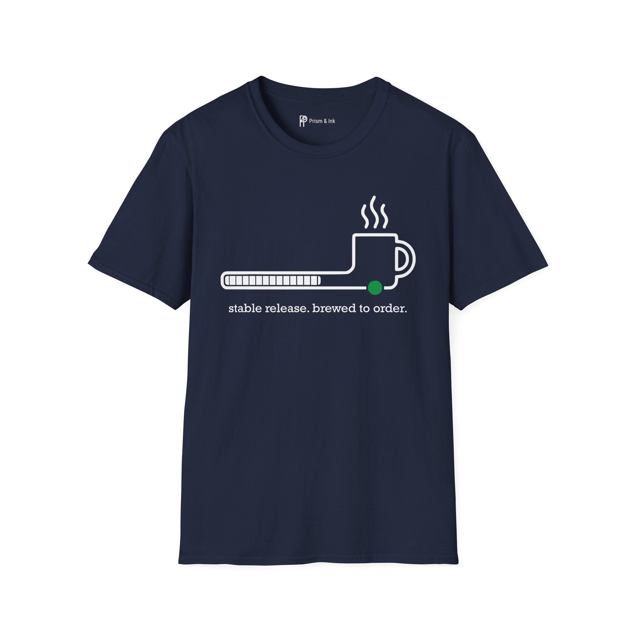Stable Release Coffee T-Shirt — Minimalist Loading Bar & Brew Graphic