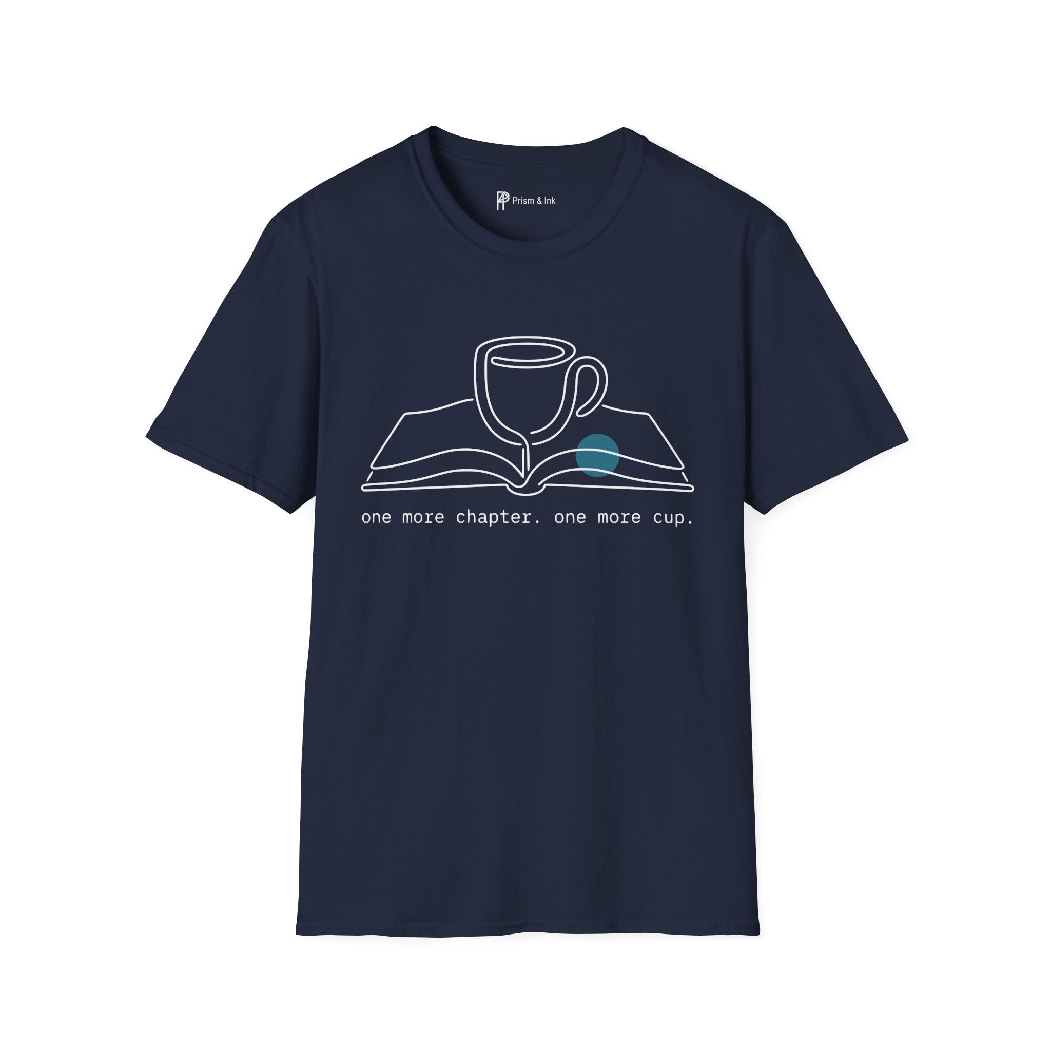 One More Chapter T-Shirt — Minimalist Book & Coffee Ritual Art
