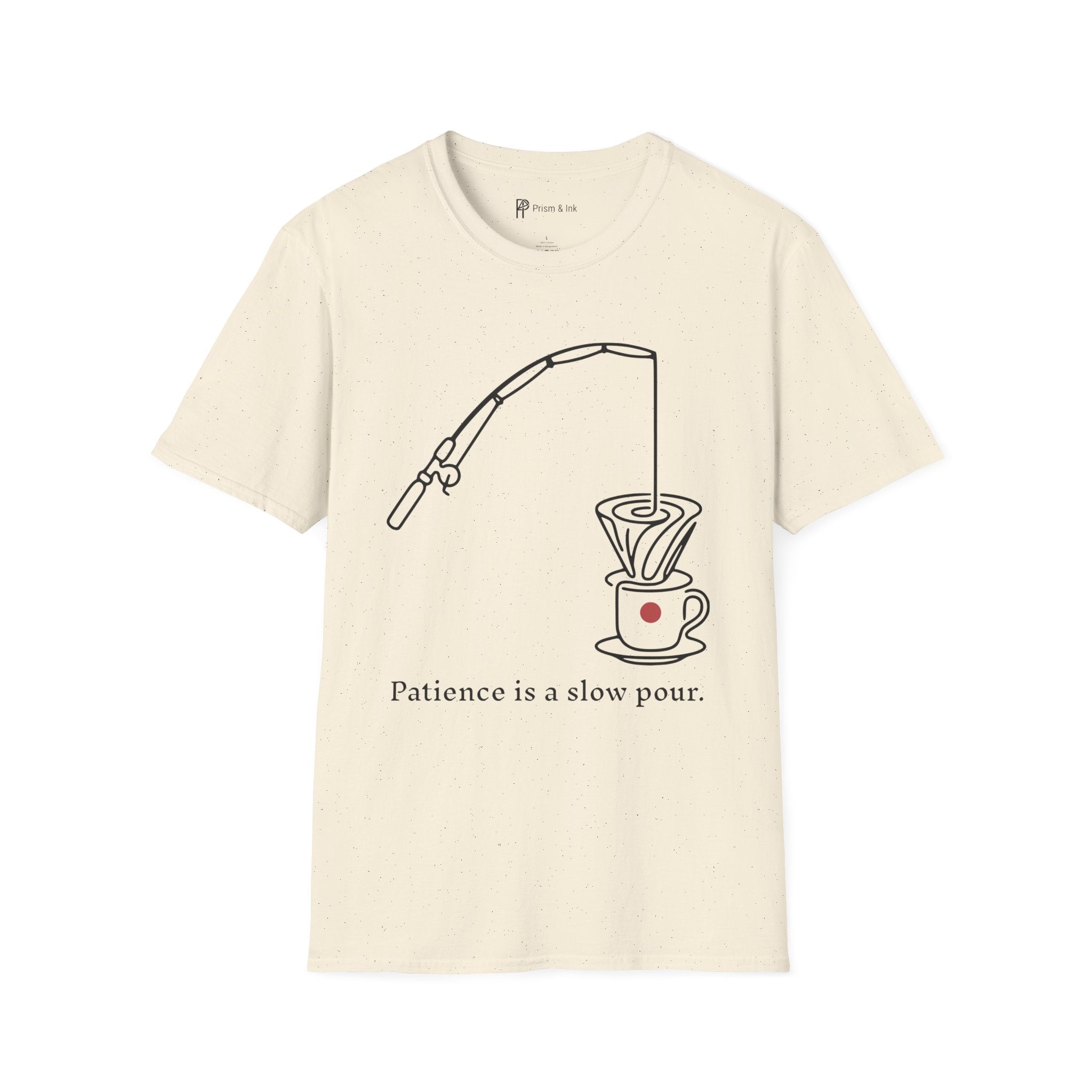 Slow Pour Patience T-Shirt — Fishing Rod & Coffee Dripper Graphic