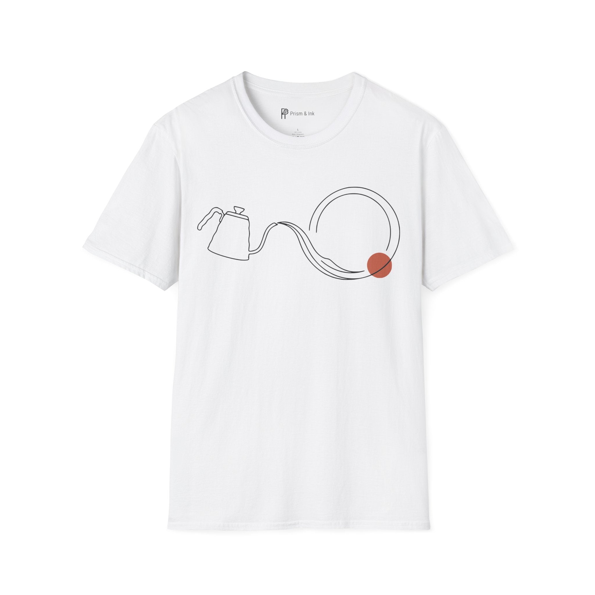 Fluid Brew T-Shirt — Minimalist Gooseneck Kettle and Flowing Circle