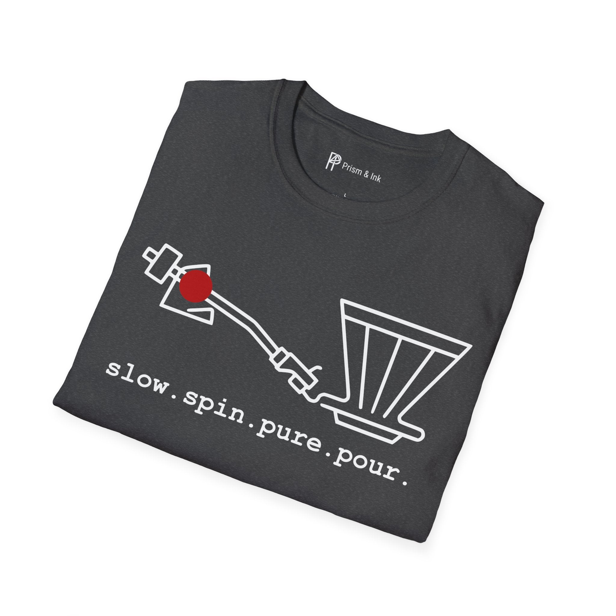 Slow Spin Pure Pour T-Shirt — Minimalist Vinyl Tonearm & Coffee Dripper Art