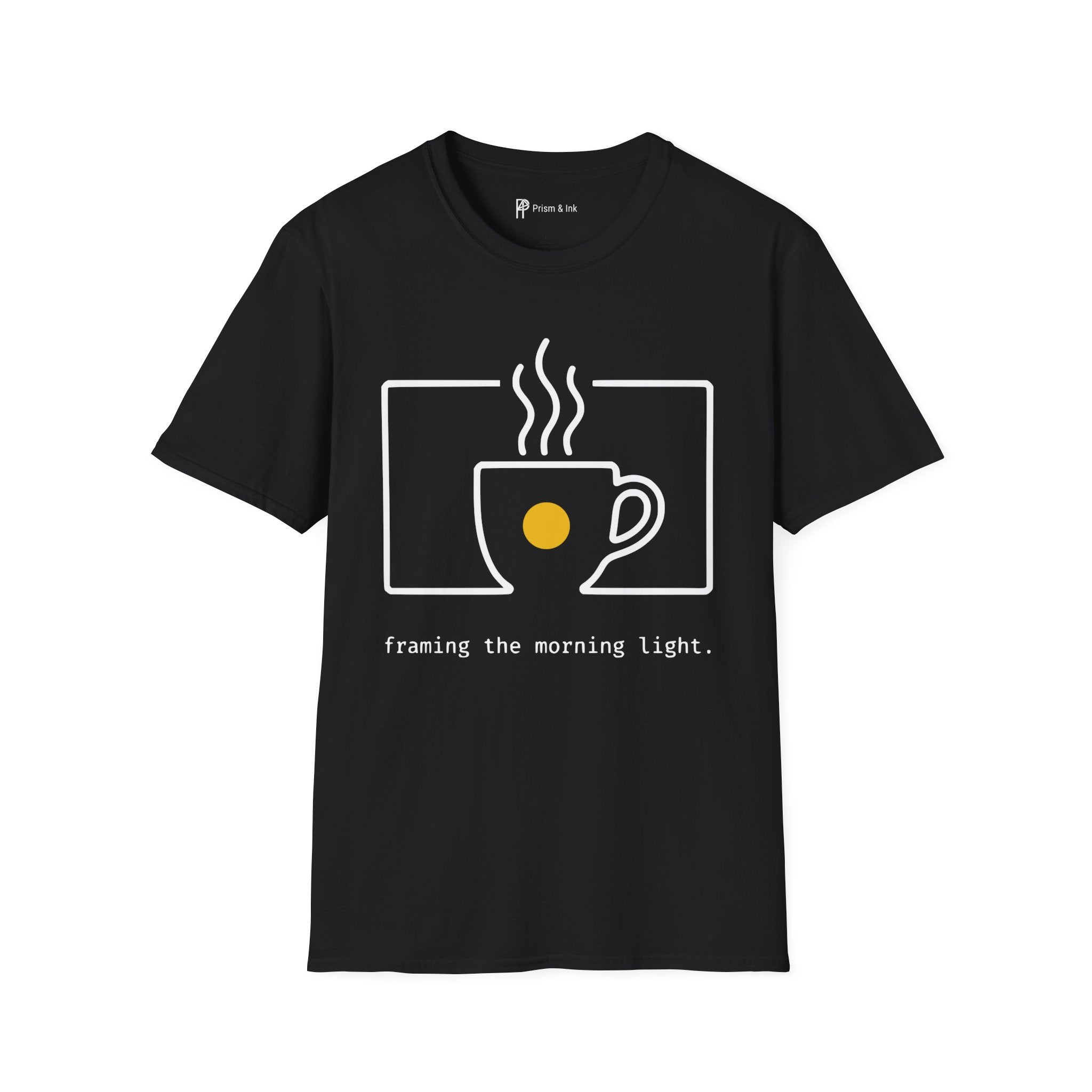 Framing the Morning Light T-Shirt — Minimalist Viewfinder & Coffee Cup Art