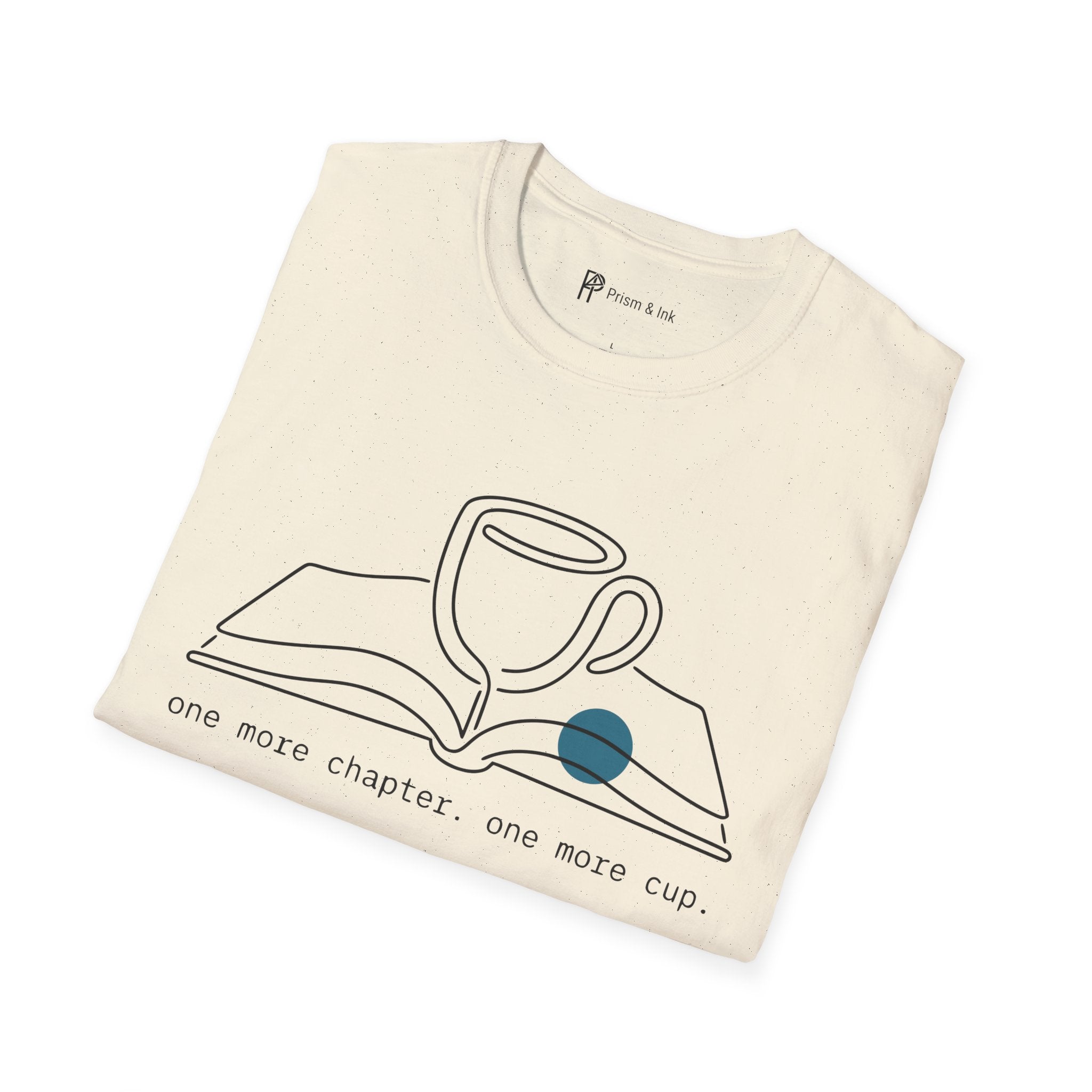 One More Chapter T-Shirt — Minimalist Book & Coffee Ritual Art