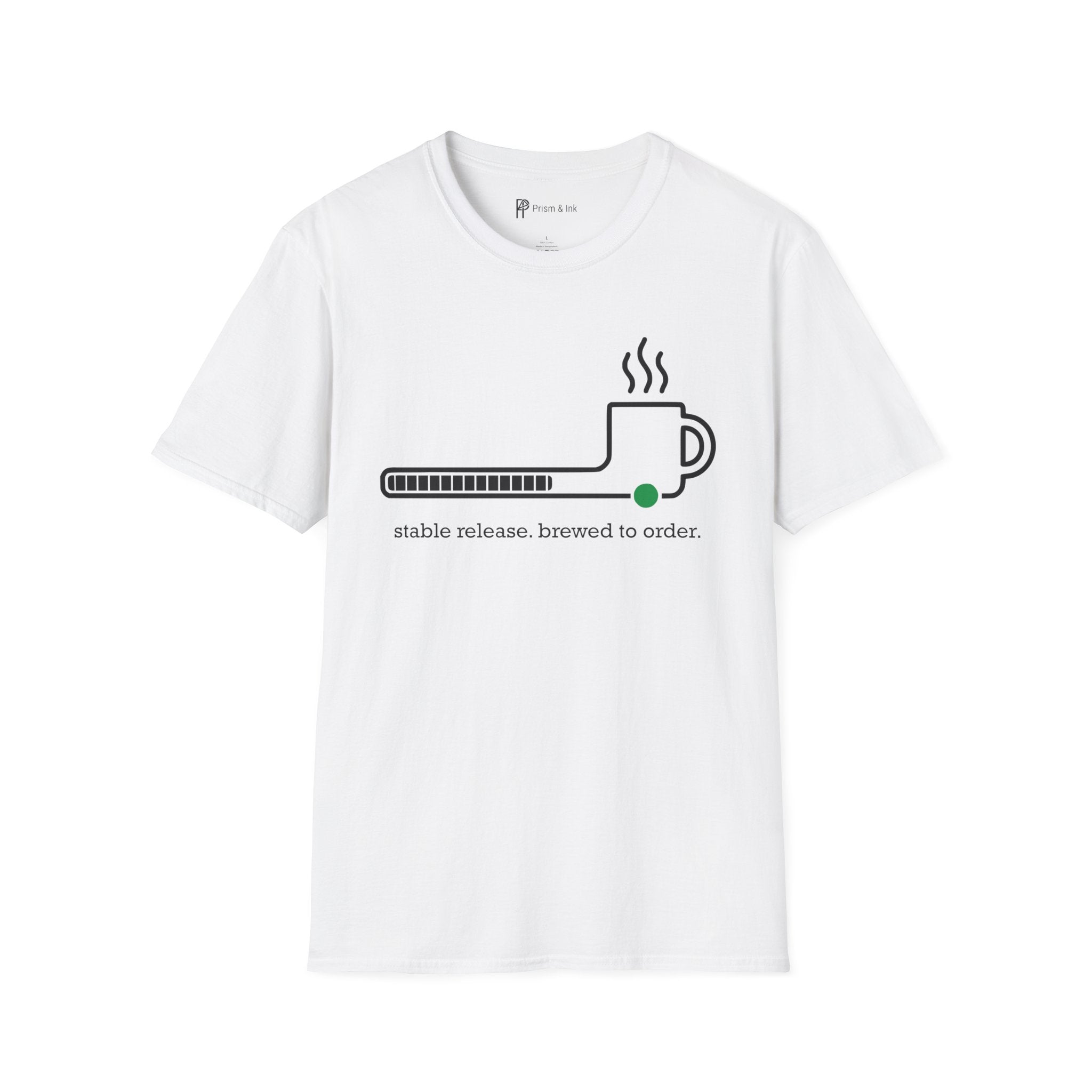 Stable Release Coffee T-Shirt — Minimalist Loading Bar & Brew Graphic