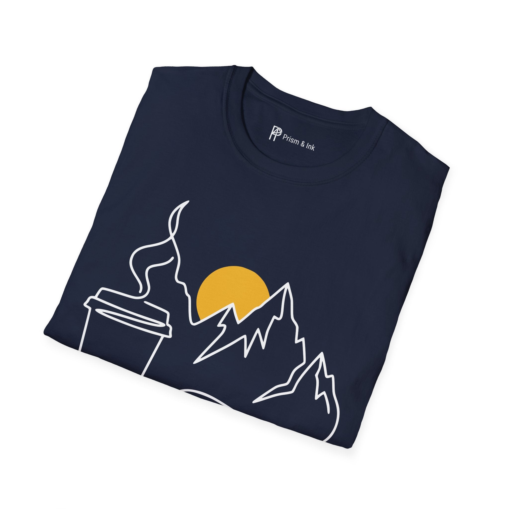 Early Climbs & Caffeine T-Shirt — Minimal Mountain and Mug Line Art