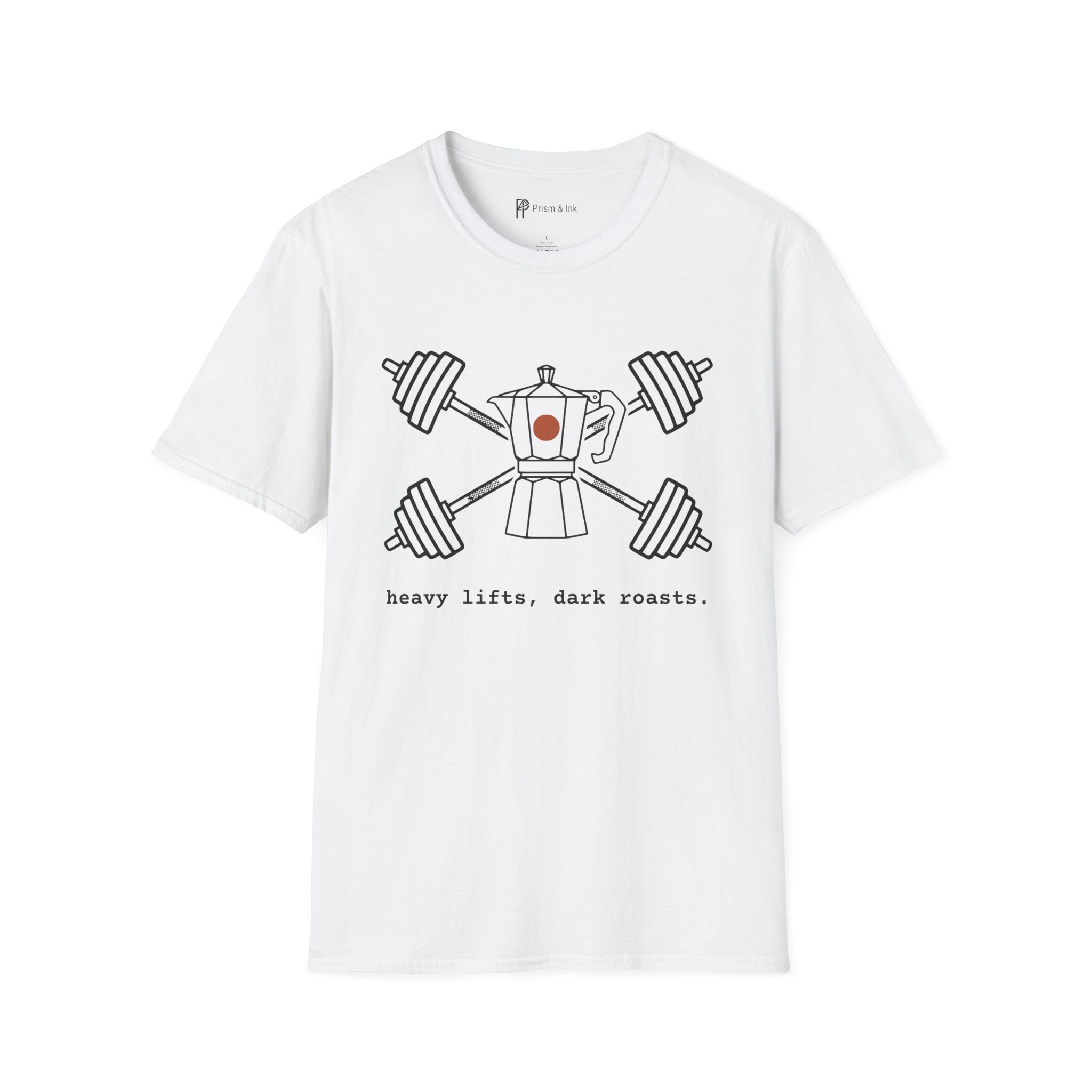 Heavy Lifts Dark Roasts T-Shirt — Minimalist Moka Pot & Gym Barbell Art