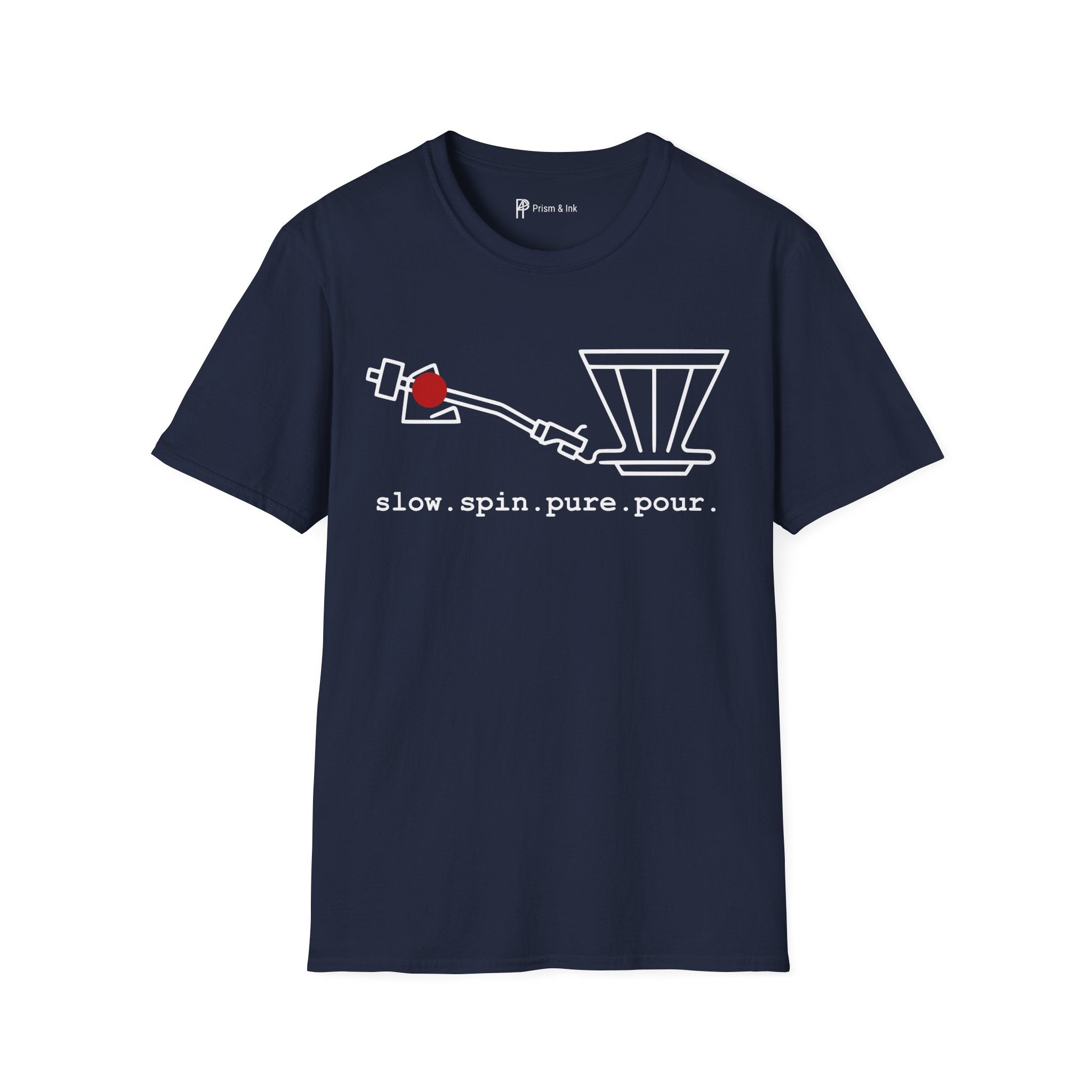 Slow Spin Pure Pour T-Shirt — Minimalist Vinyl Tonearm & Coffee Dripper Art