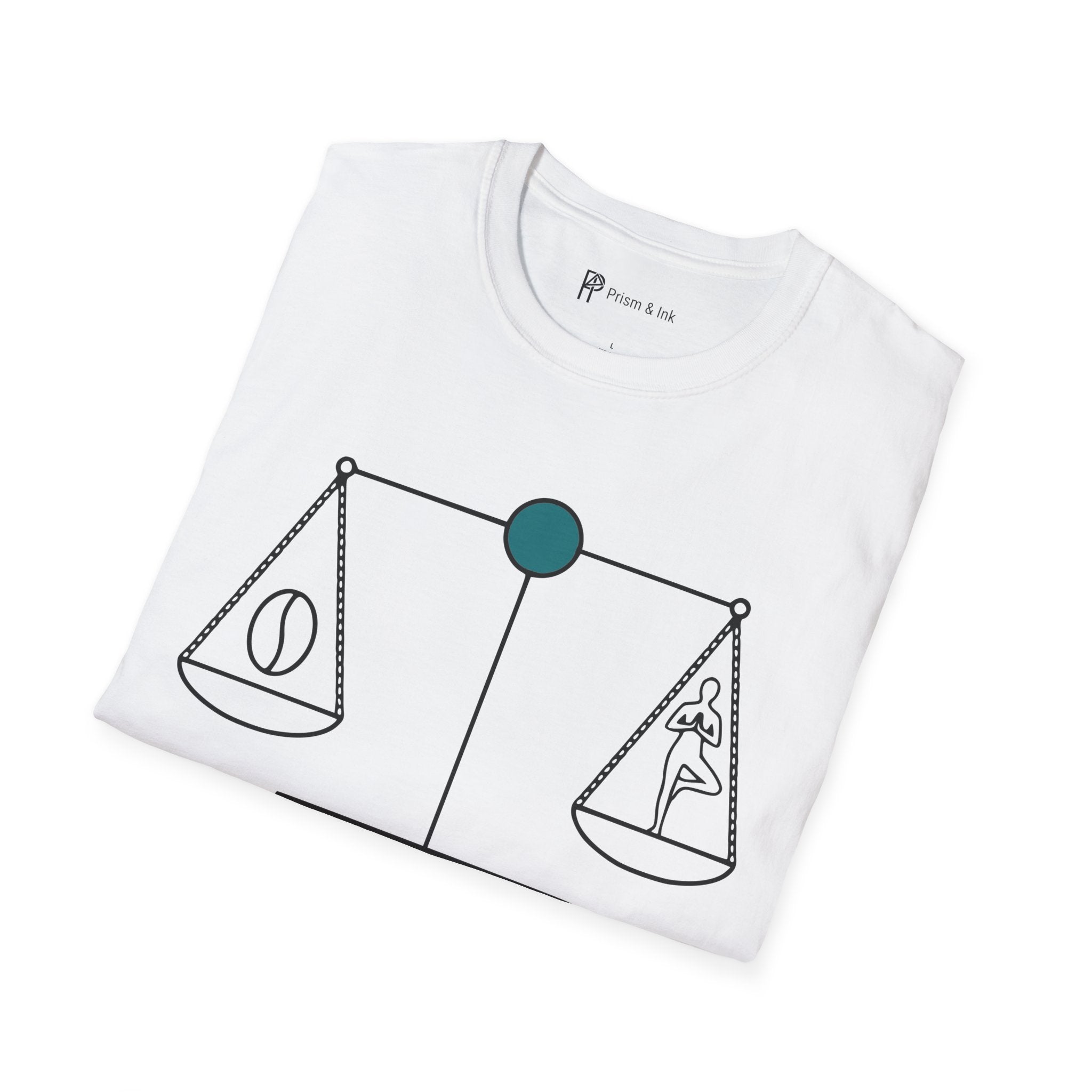 Caffeine Harmony T-Shirt — Zen Scales with Coffee Bean and Yoga Pose