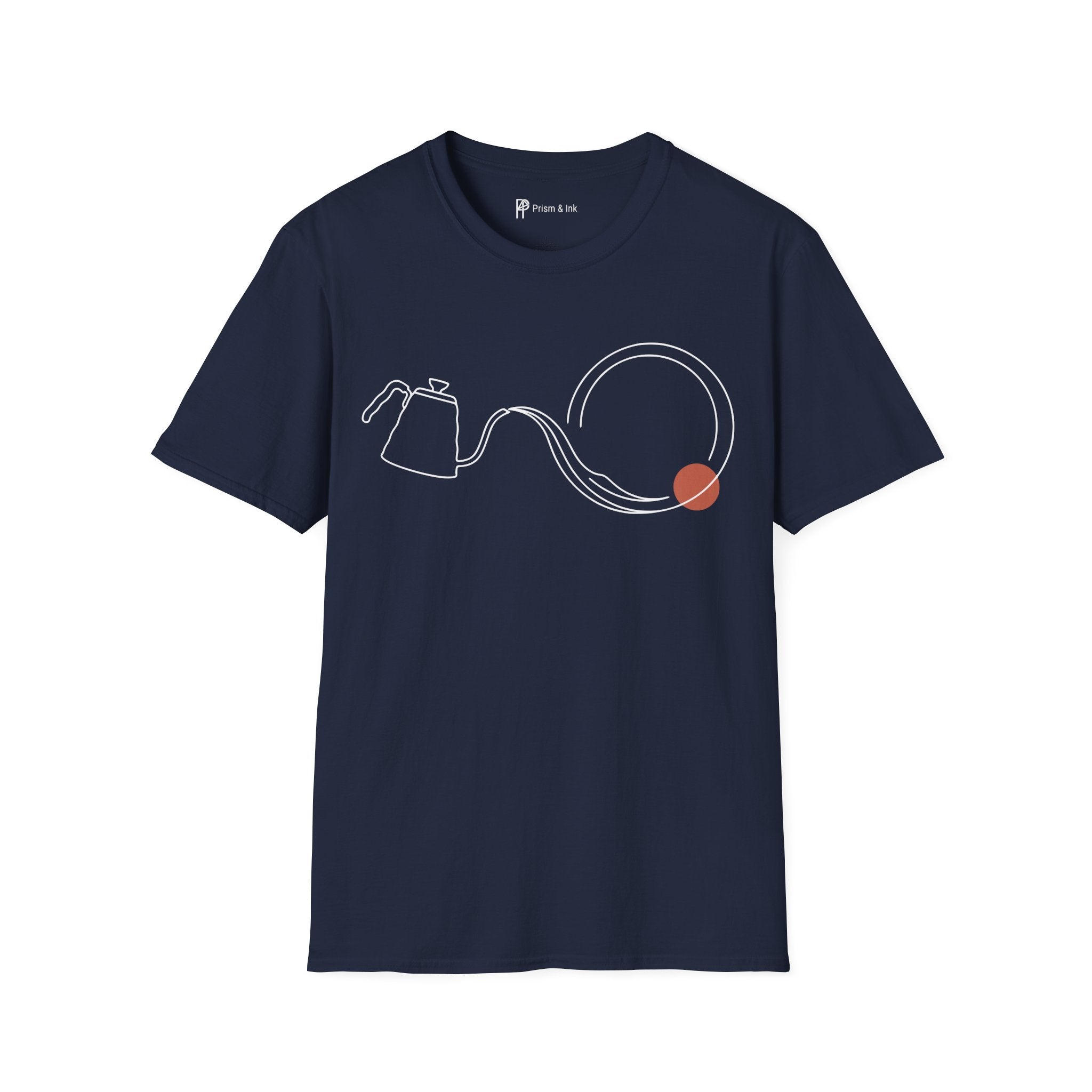 Fluid Brew T-Shirt — Minimalist Gooseneck Kettle and Flowing Circle