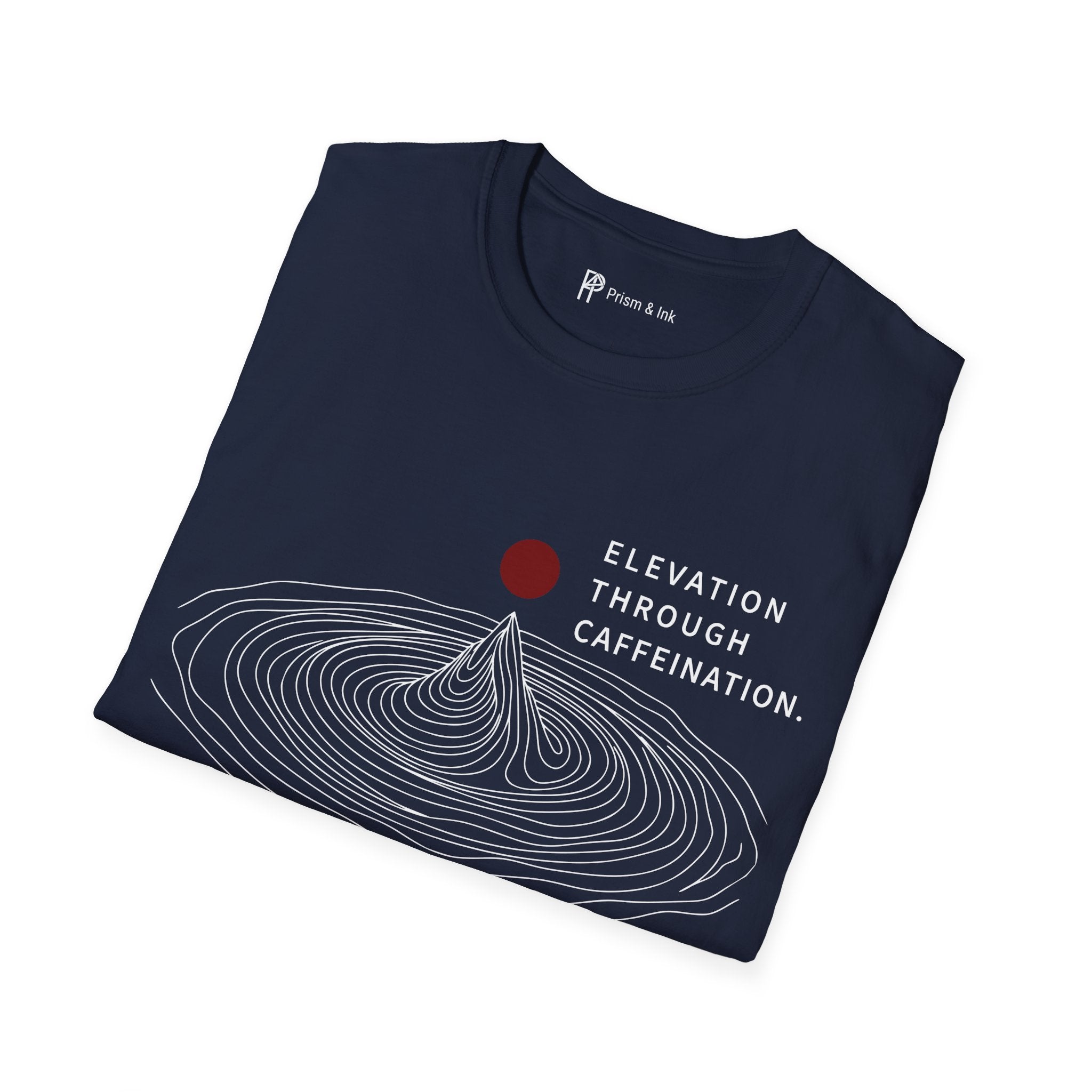 Elevation Through Caffeination T-Shirt — Topographic Peak and Caffeination Graph