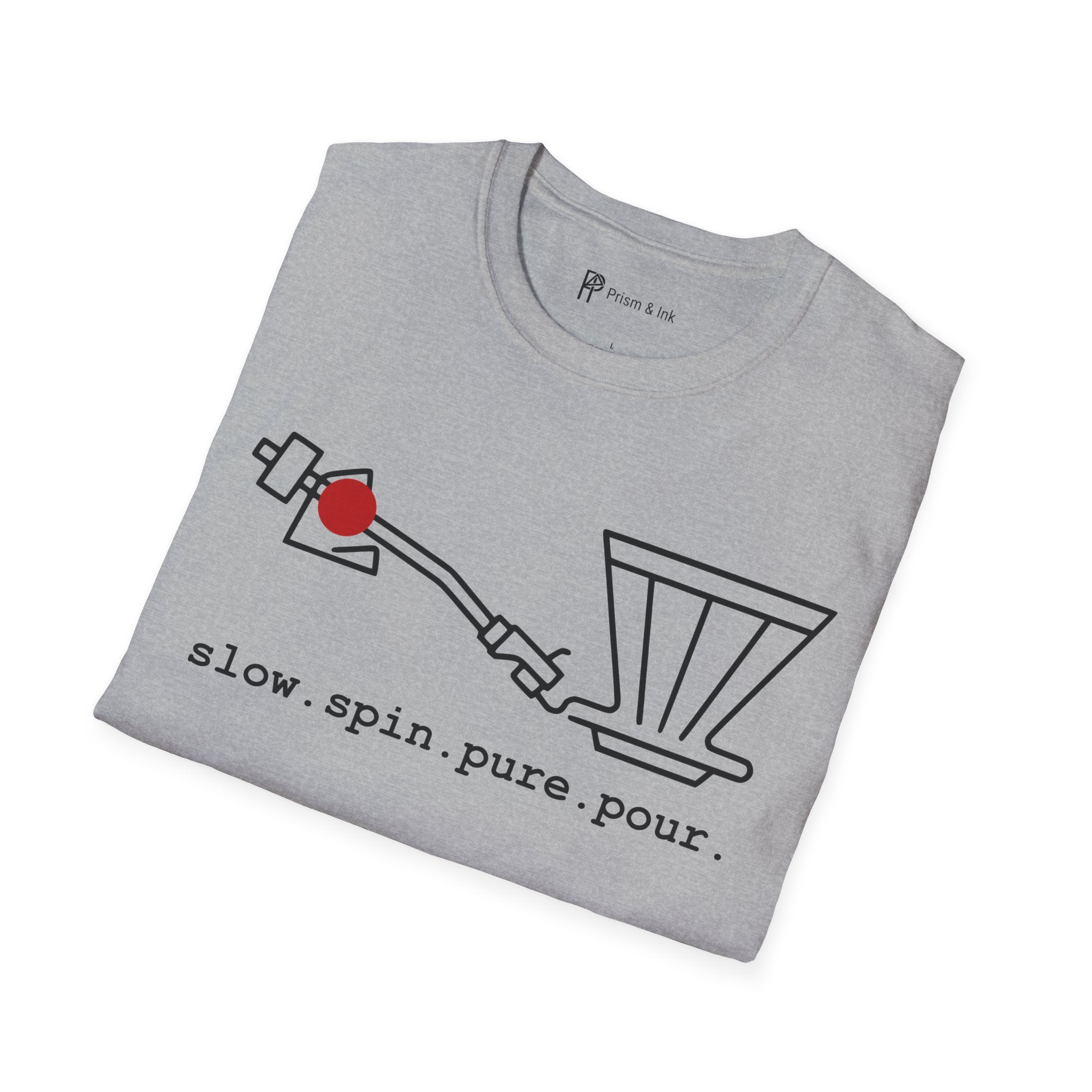 Slow Spin Pure Pour T-Shirt — Minimalist Vinyl Tonearm & Coffee Dripper Art