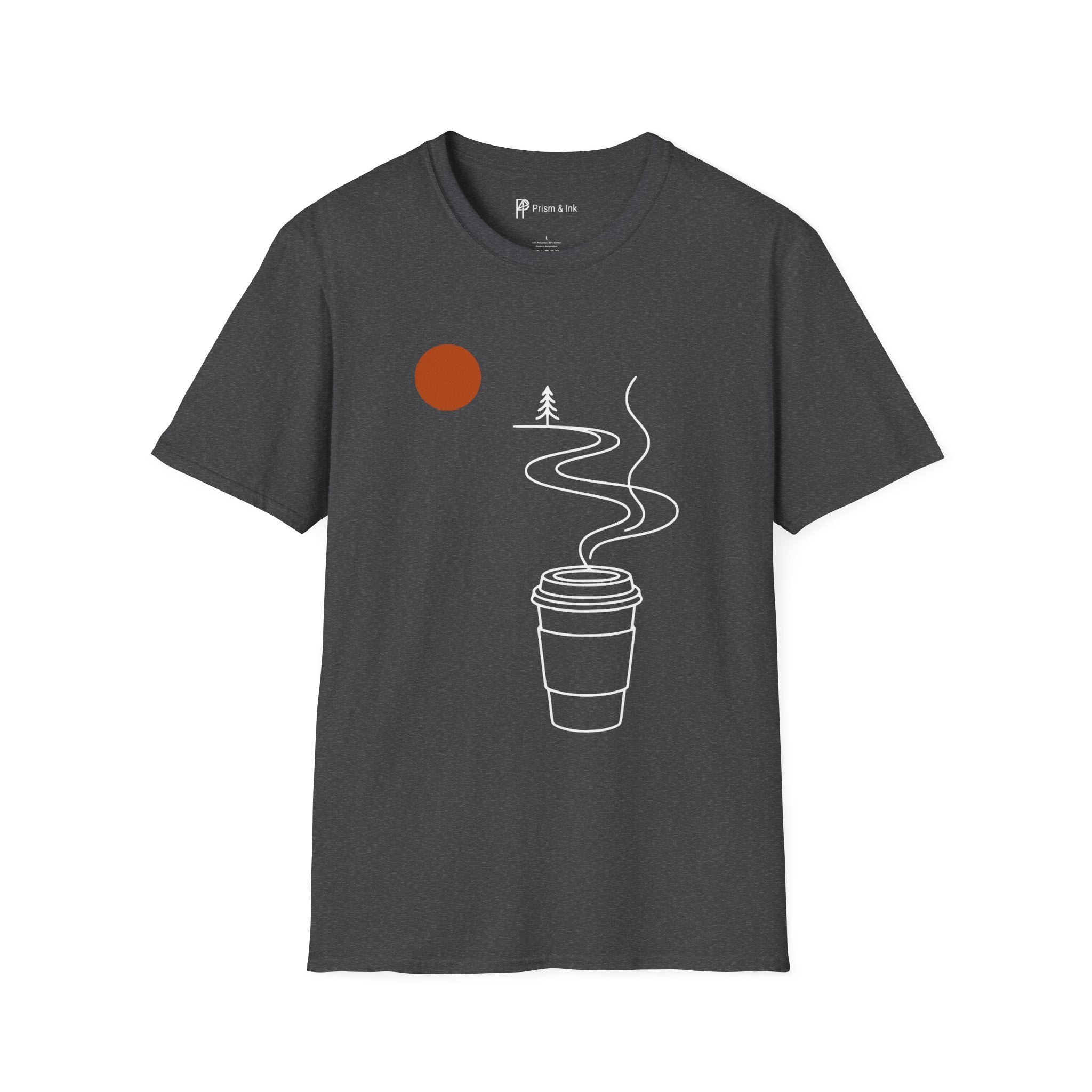 Escape in a Cup T-Shirt — Takeaway Coffee Steam and Mountain Path