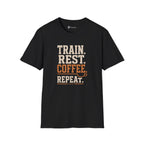 Train Rest Coffee Repeat Minimalist Gym Coffee T-Shirt