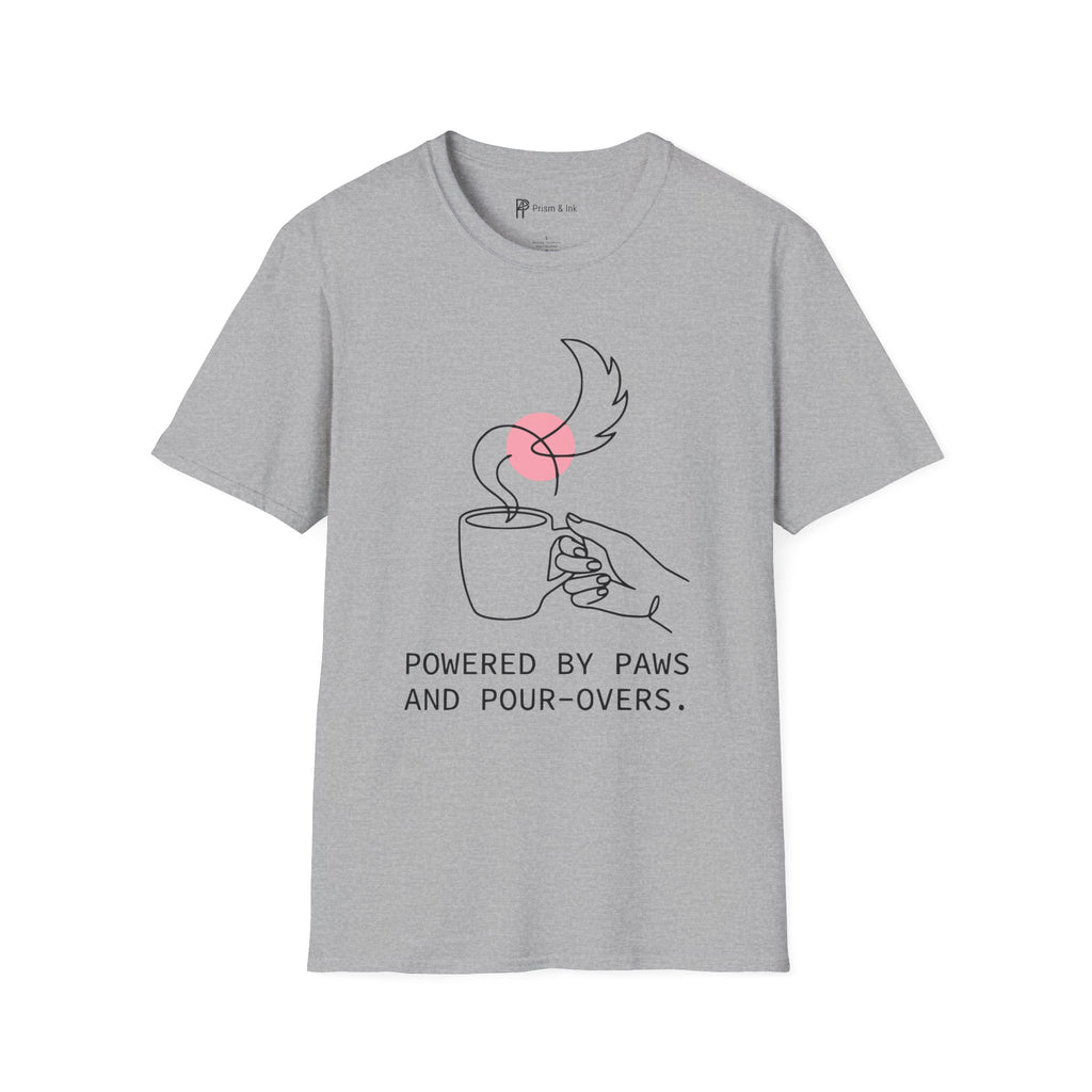 Powered by Paws T-Shirt — Minimalist Pet Lover & Coffee Pour-Over Graphic